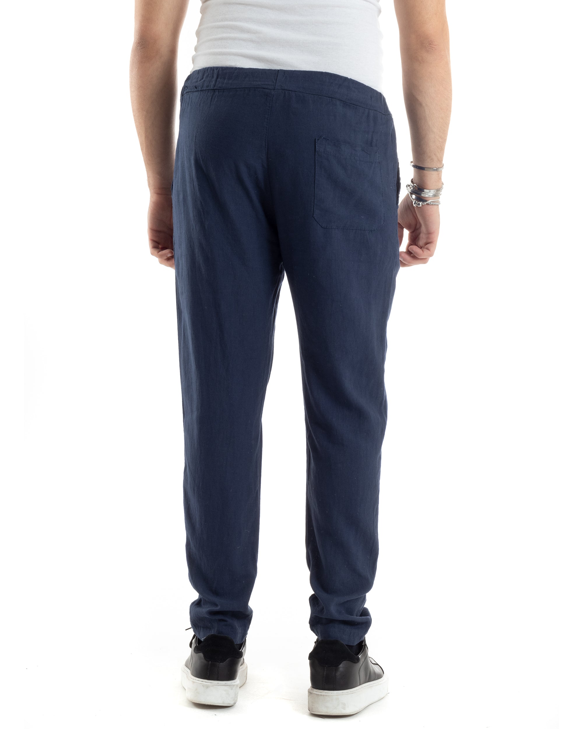 Pantaloni Uomo Lino Pantalaccio Lungo Elastico Regular Fit Tinta Unita Blu Casual GIOSAL-P6099A
