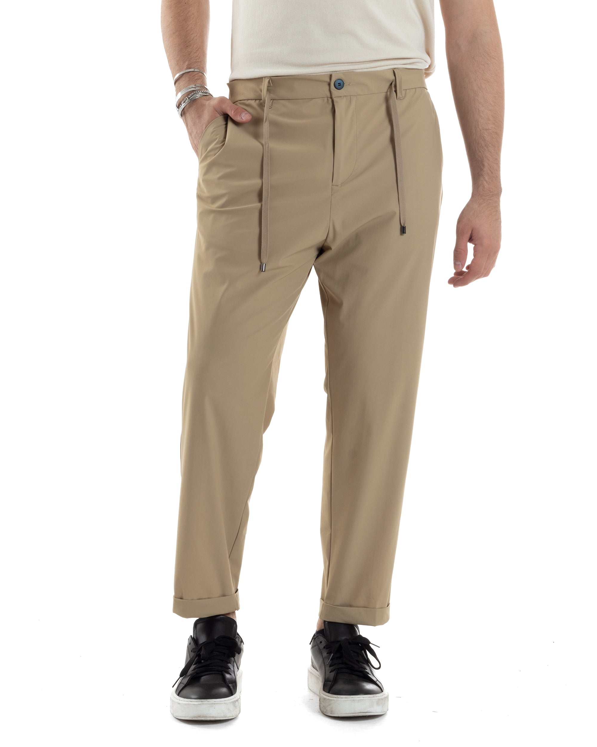Pantaloni Uomo Tasca America Classico Tessuto Tecnico No Stiro Antipioggia Casual Beige GIOSAL-P6100A