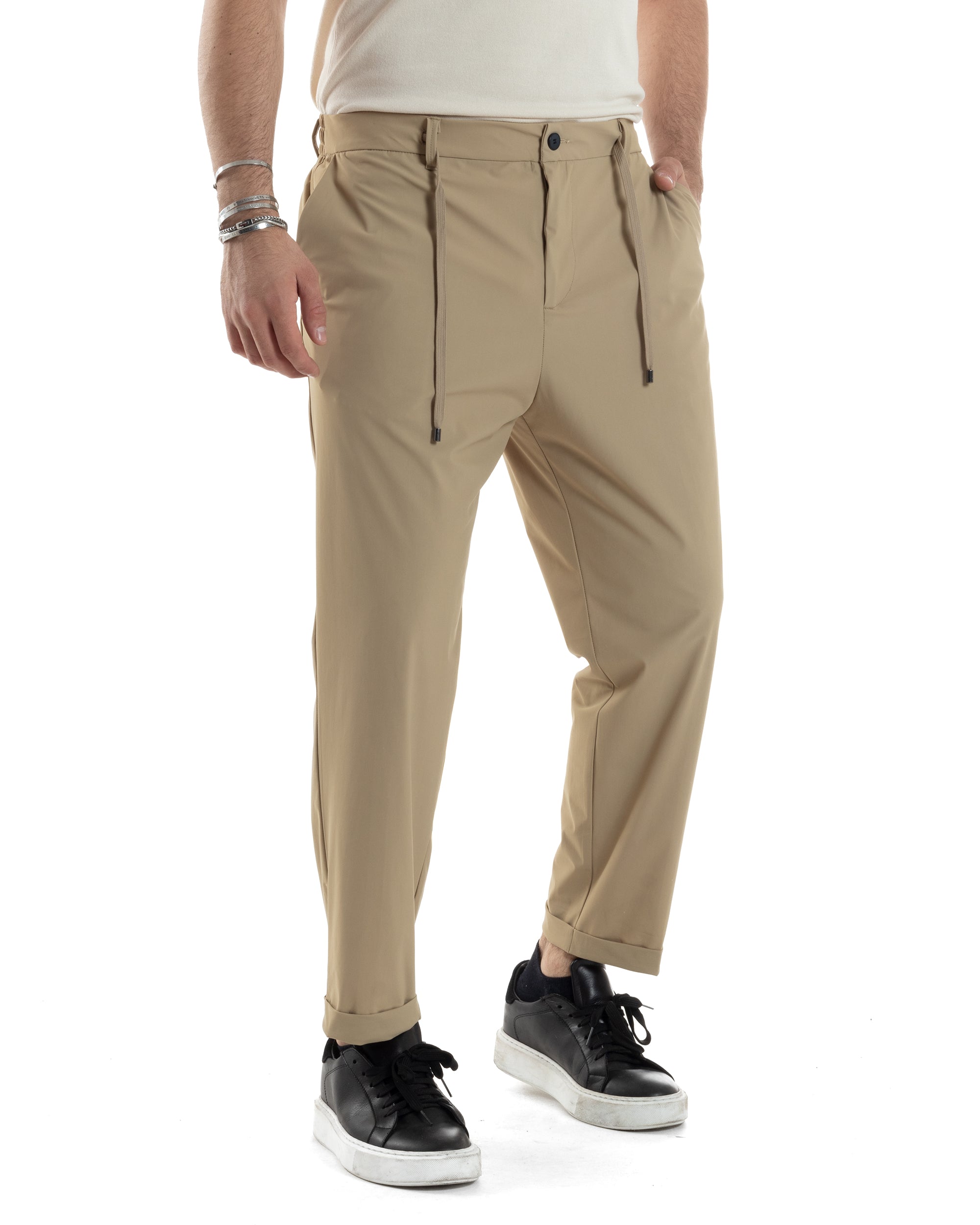 Pantaloni Uomo Tasca America Classico Tessuto Tecnico No Stiro Antipioggia Casual Beige GIOSAL-P6100A