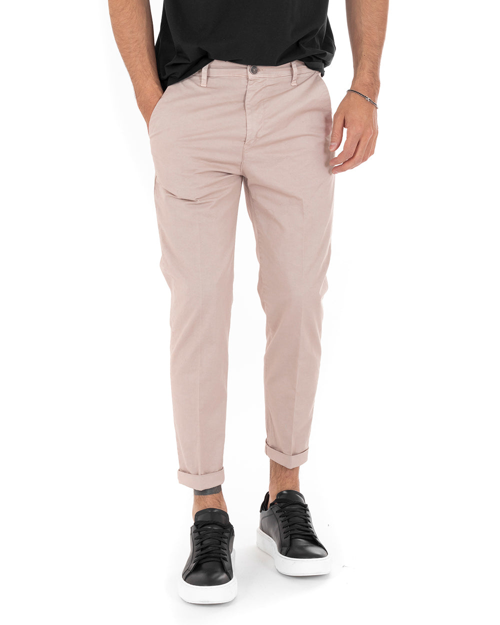 Pantaloni Uomo Cotone Tasca America Chinos Capri Sartoriale Slim Fit Casual Rosa GIOSAL-P6102A