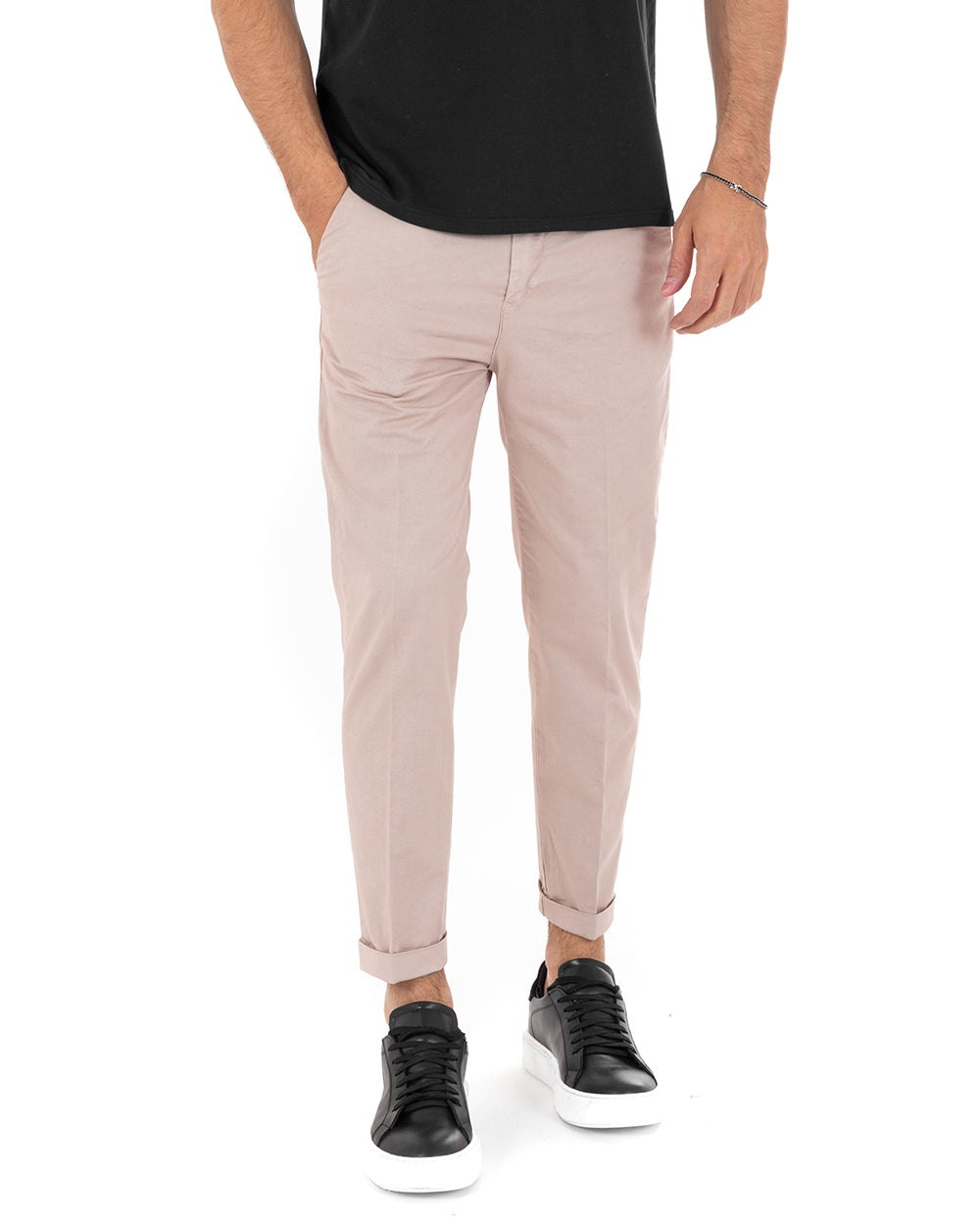 Pantaloni Uomo Cotone Tasca America Chinos Capri Sartoriale Slim Fit Casual Rosa GIOSAL-P6102A