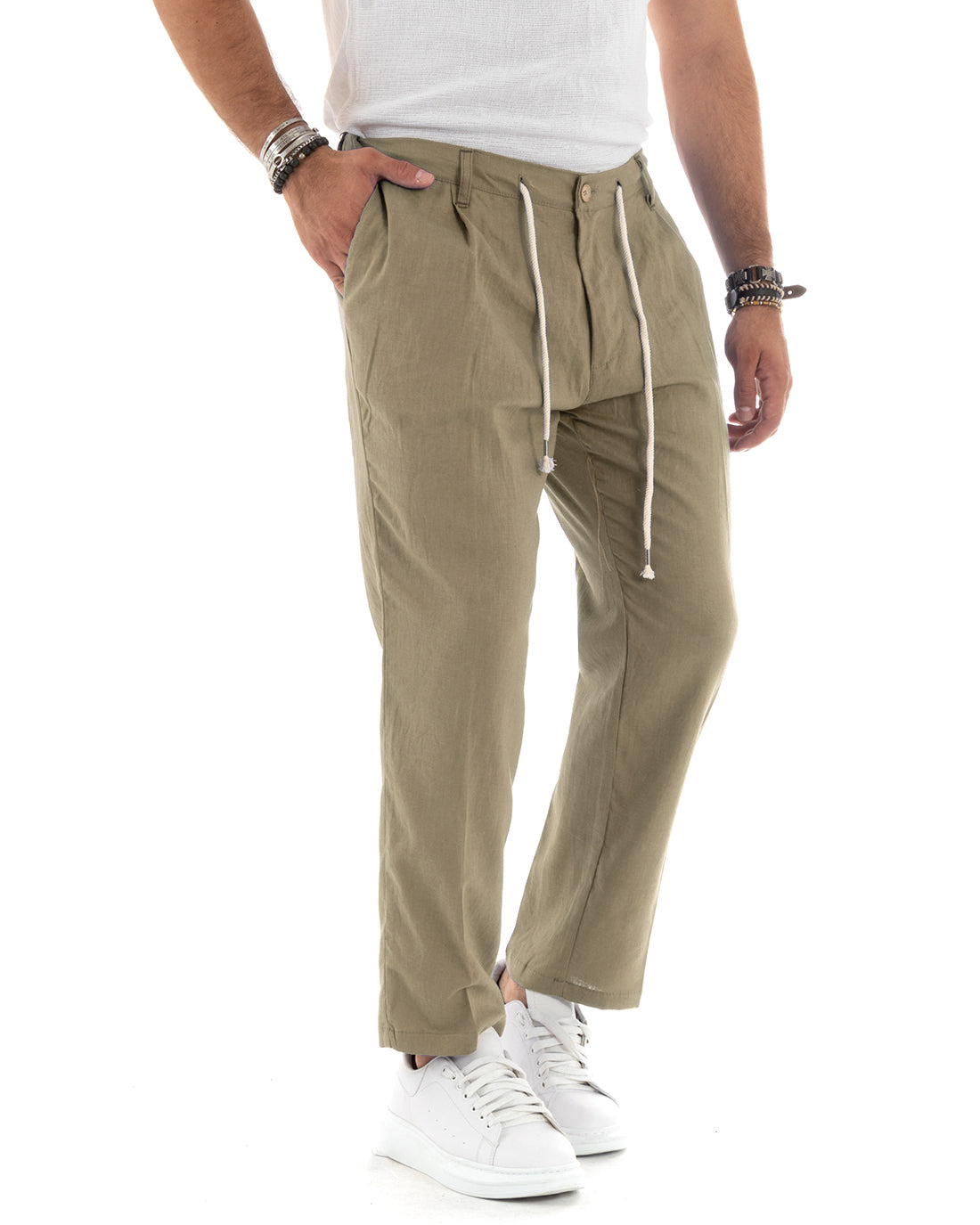 Pantaloni Uomo Lino Tasca America Basic Con Coulisse Elastico Sul Retro Casual Tinta Unita Fango GIOSAL-P6103A