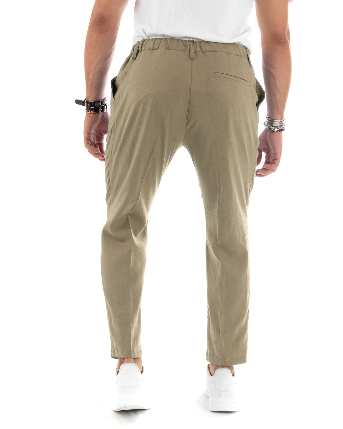 Pantaloni Uomo Lino Con Tasca America Basic Con Coulisse Elastico Sul Retro Casual Fango GIOSAL-P6103A