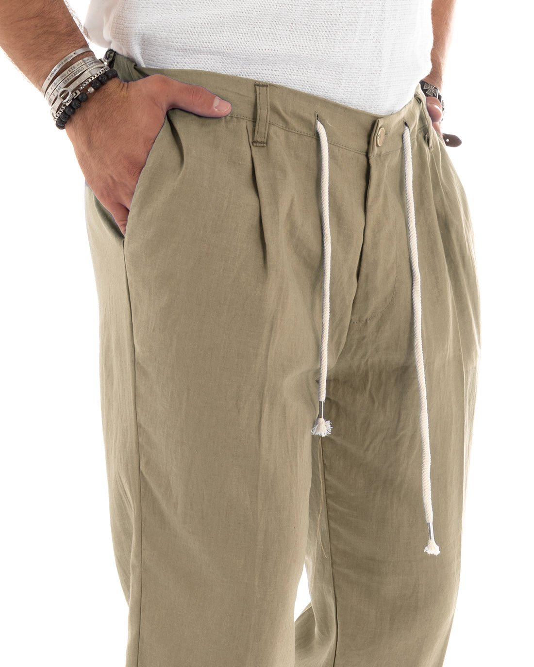 Pantaloni Uomo Lino Con Tasca America Basic Con Coulisse Elastico Sul Retro Casual Fango GIOSAL-P6103A