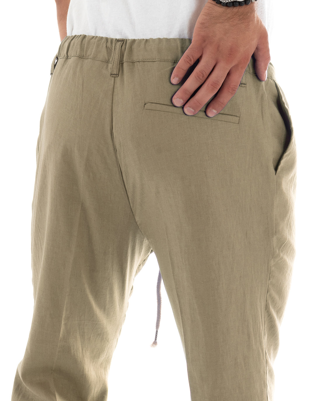 Pantaloni Uomo Lino Con Tasca America Basic Con Coulisse Elastico Sul Retro Casual Fango GIOSAL-P6103A