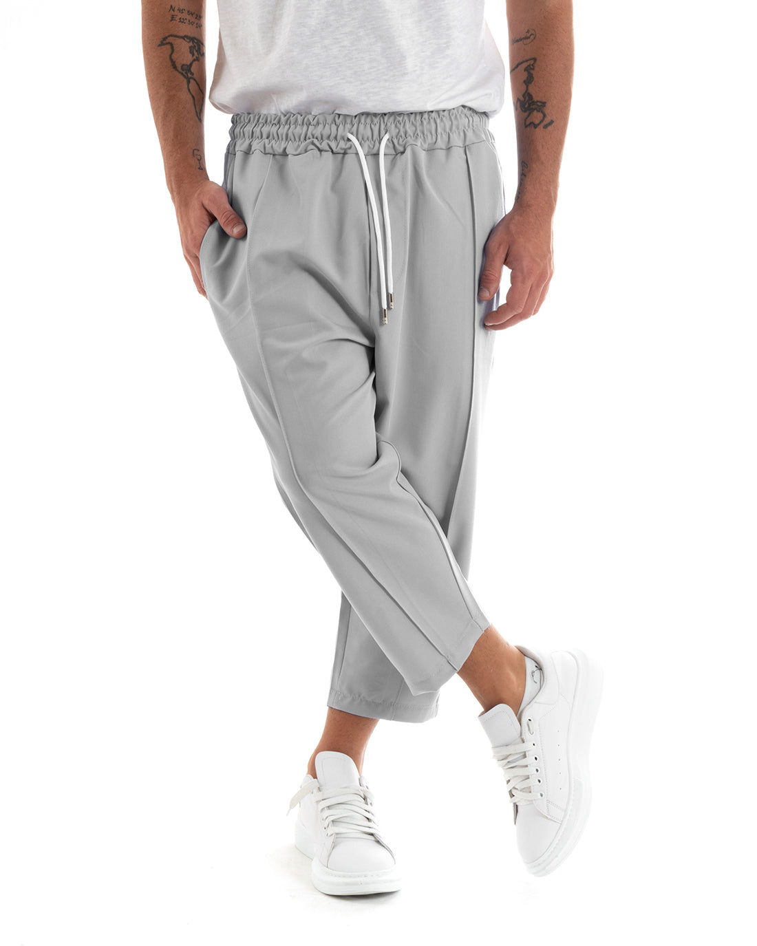 Pantaloni Uomo Pantalaccio Casual Jogger Japan Cropped Fondo Ampio Tinta Unita Grigio GIOSAL-P6104A