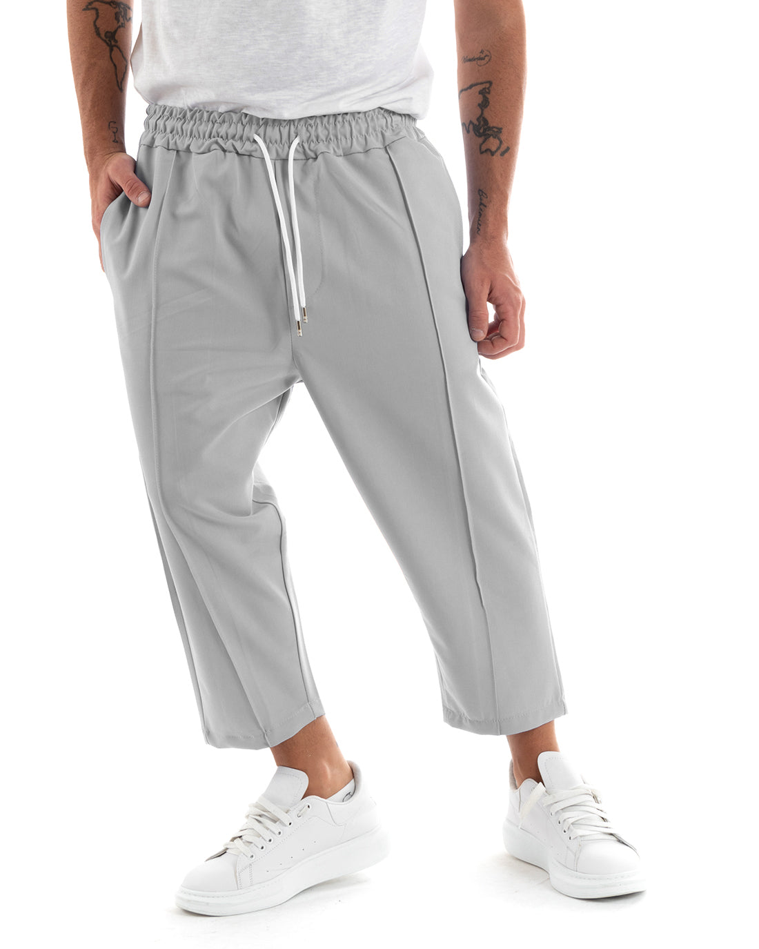 Pantaloni Uomo Pantalaccio Casual Jogger Japan Cropped Fondo Ampio Tinta Unita Grigio GIOSAL-P6104A