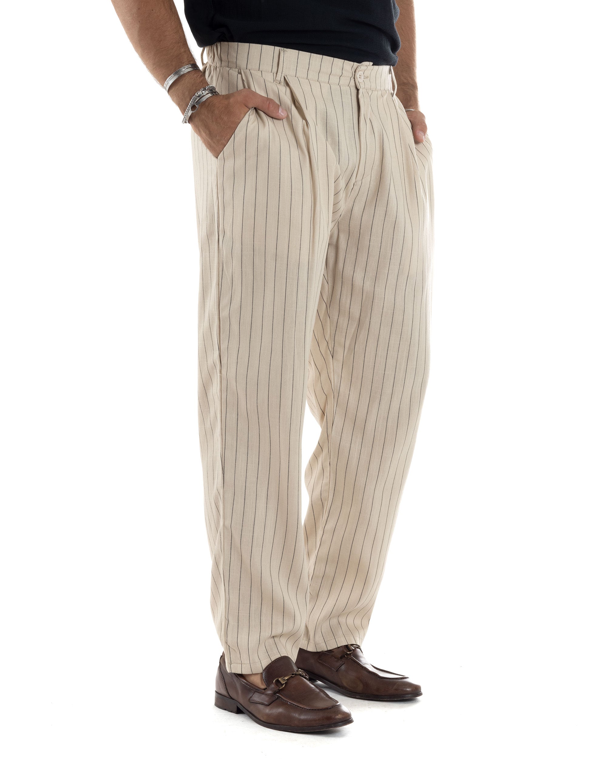 Pantaloni Uomo Lino Fondo Largo Casual Con Tasca America Con Pinces Baggy Rigato Gessato Beige GIOSAL-P6105A