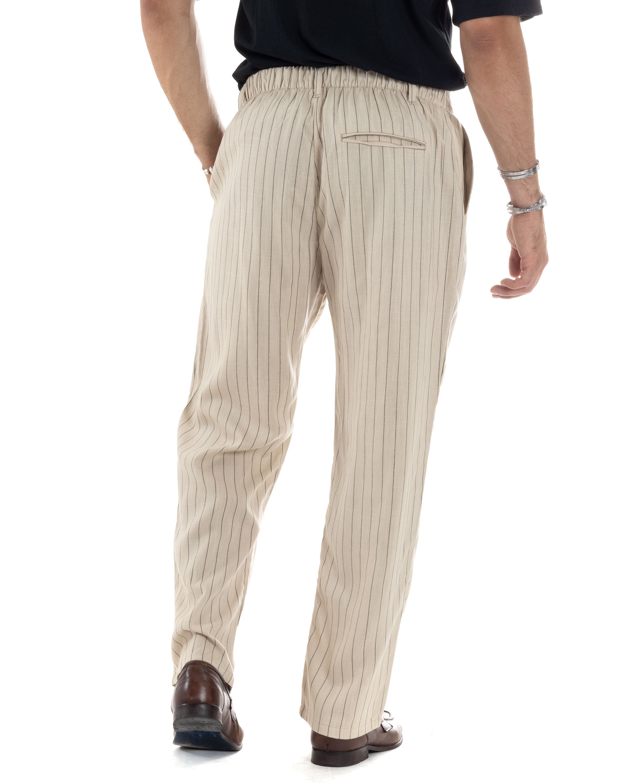 Pantaloni Uomo Lino Fondo Largo Casual Con Tasca America Con Pinces Baggy Rigato Gessato Beige GIOSAL-P6105A