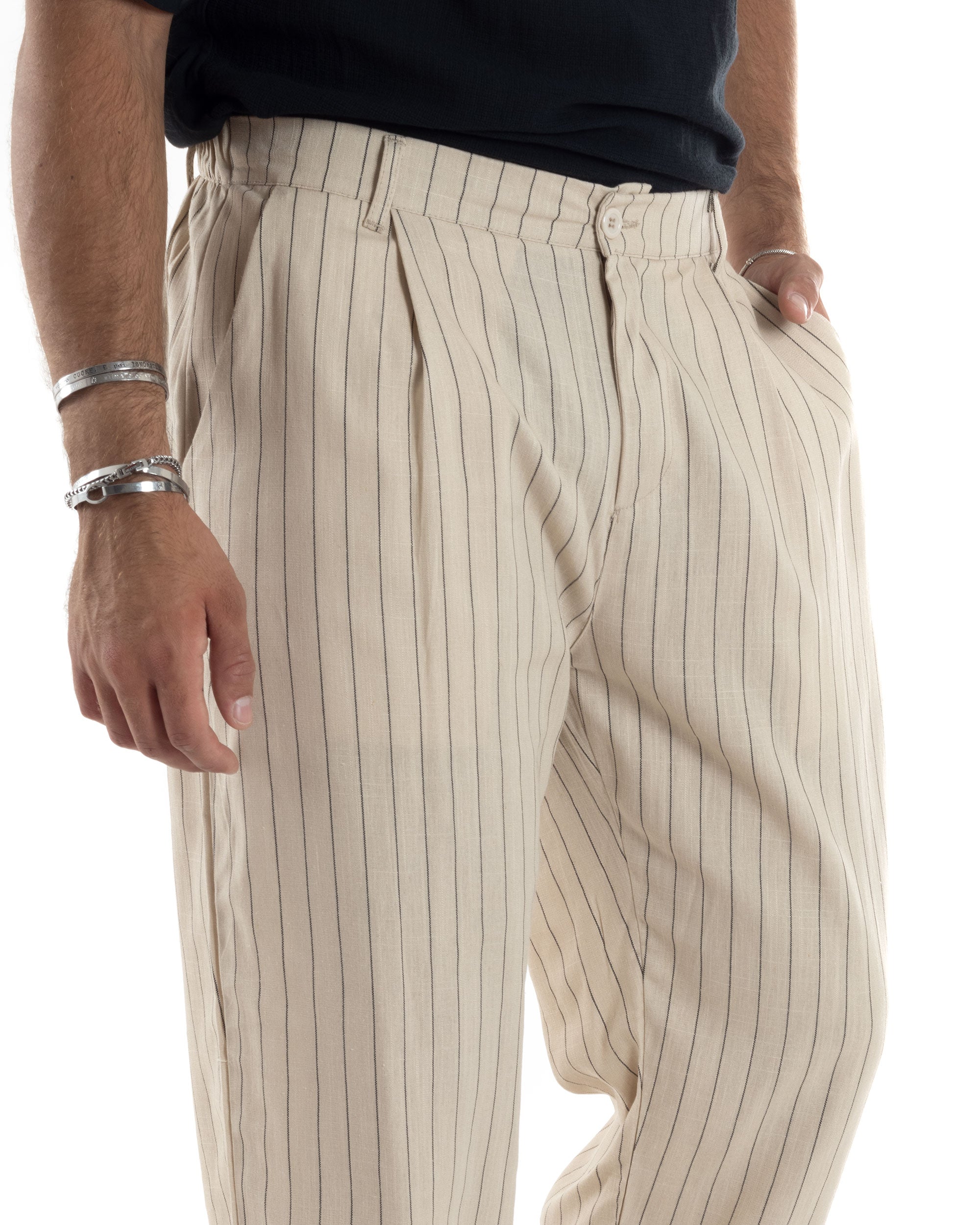 Pantaloni Uomo Lino Fondo Largo Casual Con Tasca America Con Pinces Baggy Rigato Gessato Beige GIOSAL-P6105A