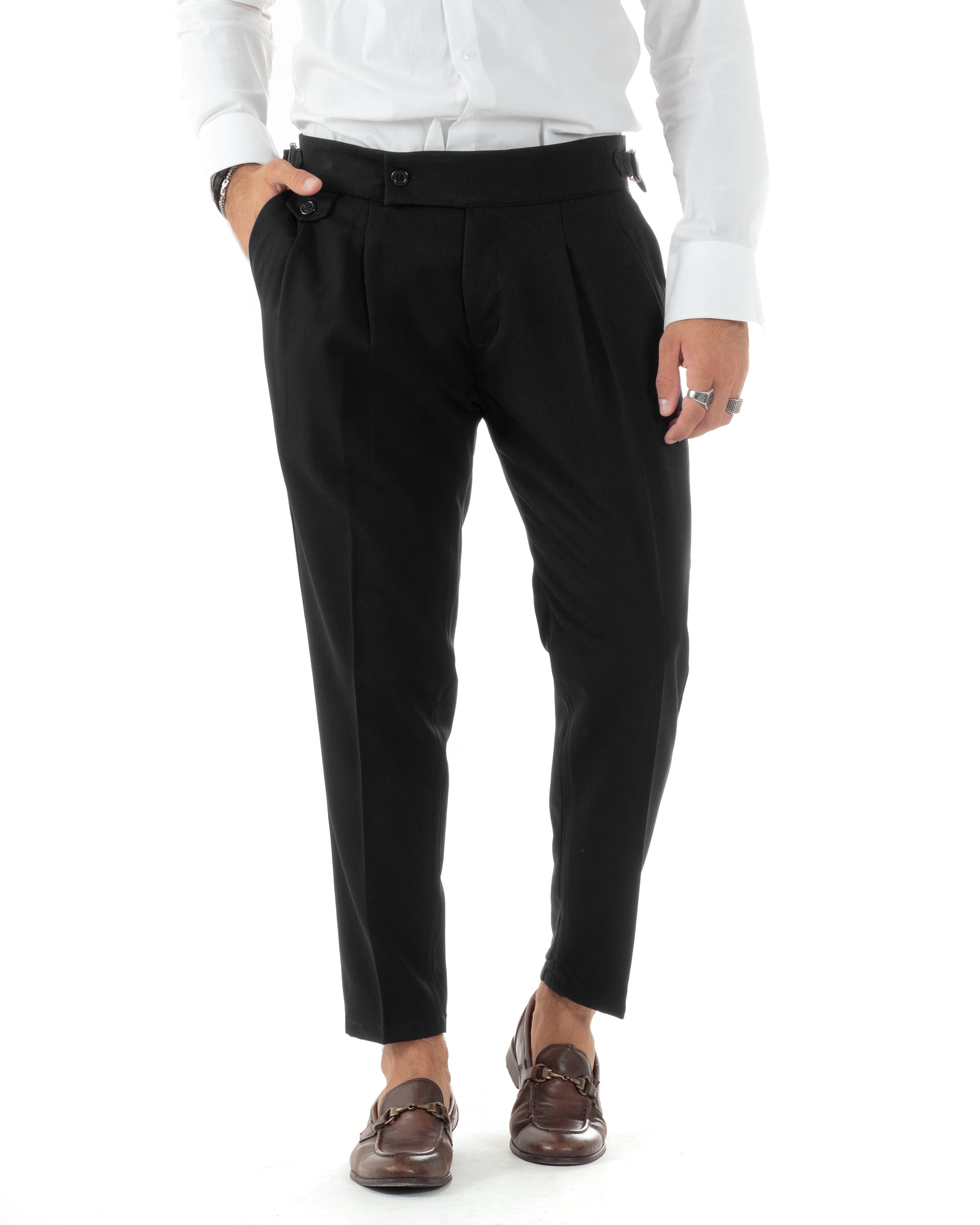 Pantaloni Uomo Classico Con Pinces Vita Alta Gurkha Pants Abbottonatura Allungata Fibbie Casual Nero GIOSAL-P6114A