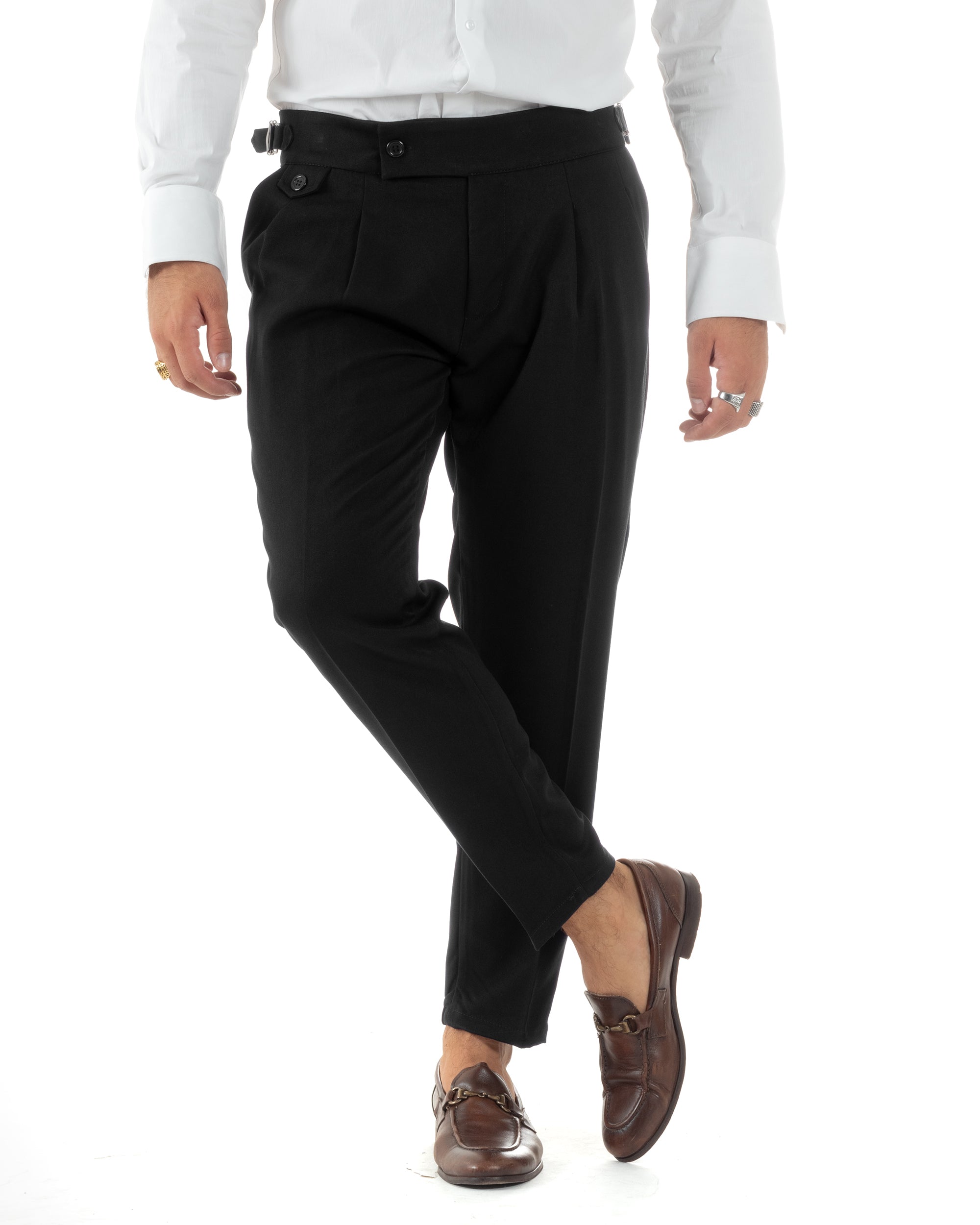 Pantaloni Uomo Classico Con Pinces Vita Alta Gurkha Pants Abbottonatura Allungata Fibbie Casual Nero GIOSAL-P6114A