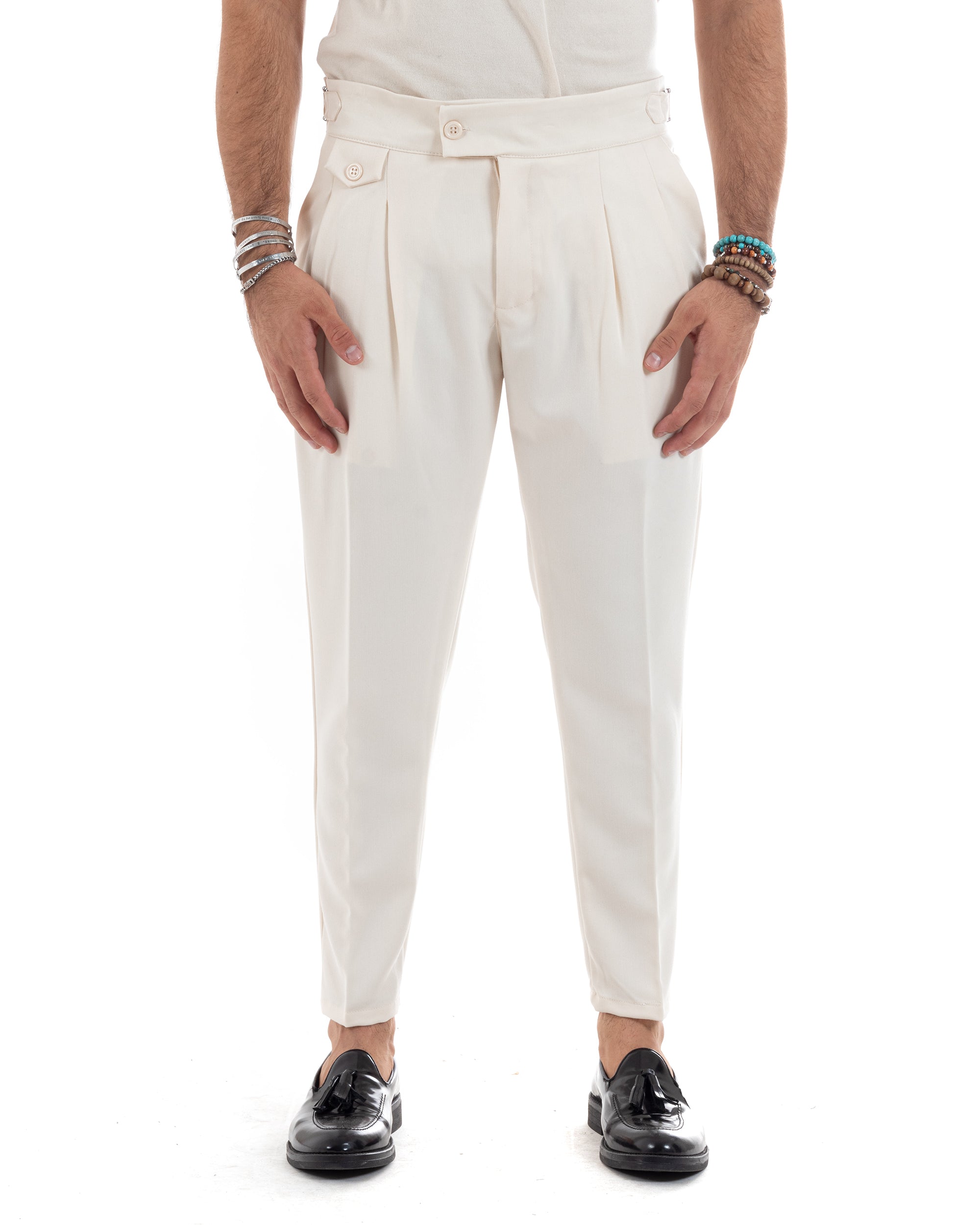 Pantaloni Uomo Classico Con Pinces Vita Alta Gurkha Pants Abbottonatura Allungata Fibbie Casual Panna GIOSAL-P6115A