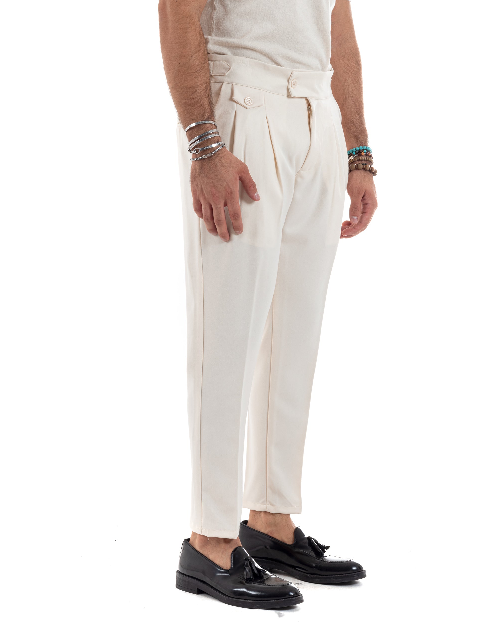 Pantaloni Uomo Classico Con Pinces Vita Alta Gurkha Pants Abbottonatura Allungata Fibbie Casual Panna GIOSAL-P6115A