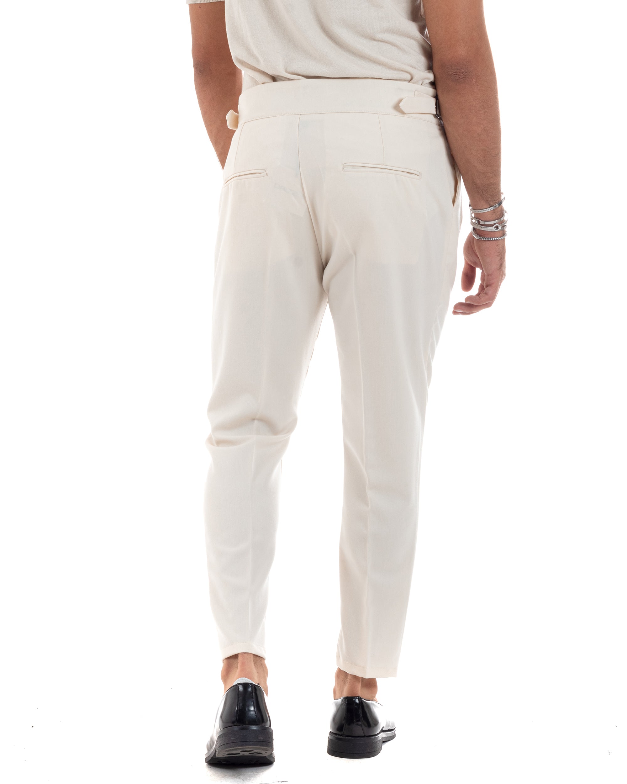 Pantaloni Uomo Classico Con Pinces Vita Alta Gurkha Pants Abbottonatura Allungata Fibbie Casual Panna GIOSAL-P6115A