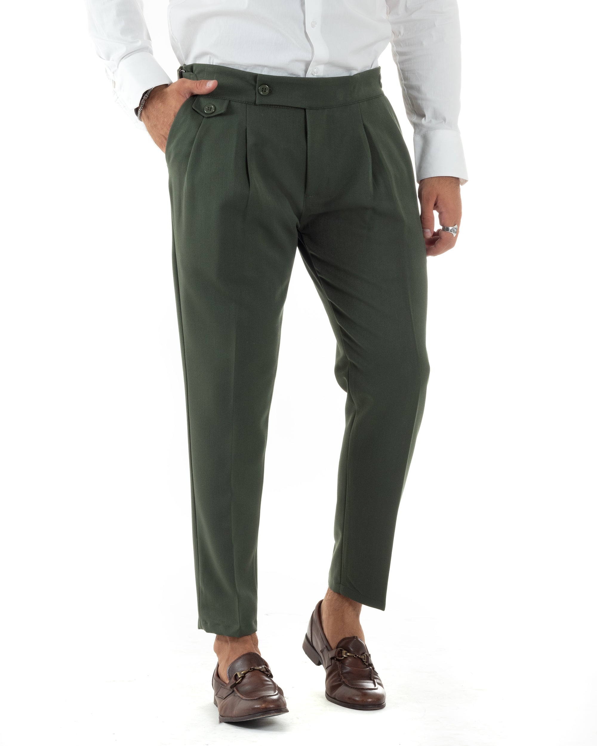 Pantaloni Uomo Classico Con Pinces Vita Alta Gurkha Pants Abbottonatura Allungata Fibbie Casual Verde GIOSAL-P6116A