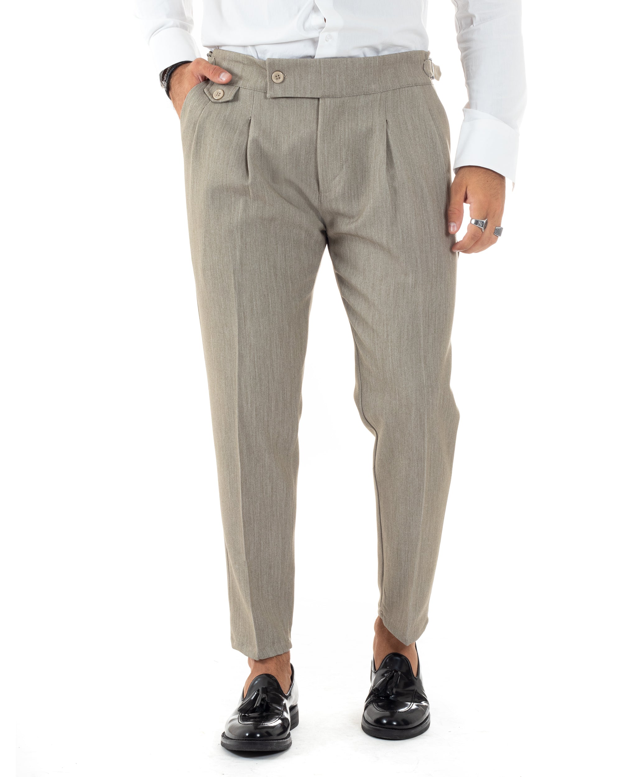 Pantaloni Uomo Classico Con Pinces Vita Alta Gurkha Pants Abbottonatura Allungata Fibbie Casual Beige Melangiato GIOSAL-P6117A