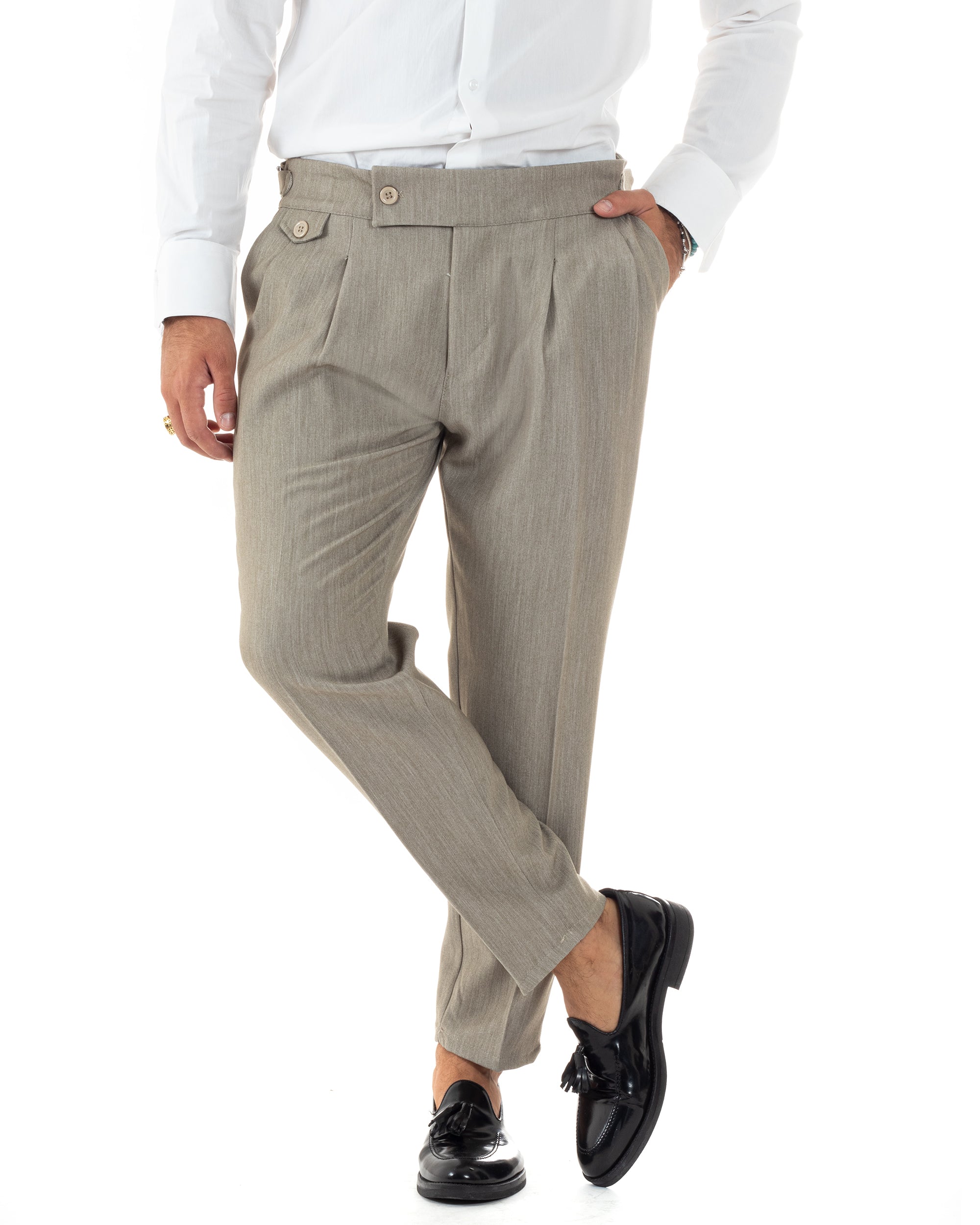 Pantaloni Uomo Classico Con Pinces Vita Alta Gurkha Pants Abbottonatura Allungata Fibbie Casual Beige Melangiato GIOSAL-P6117A