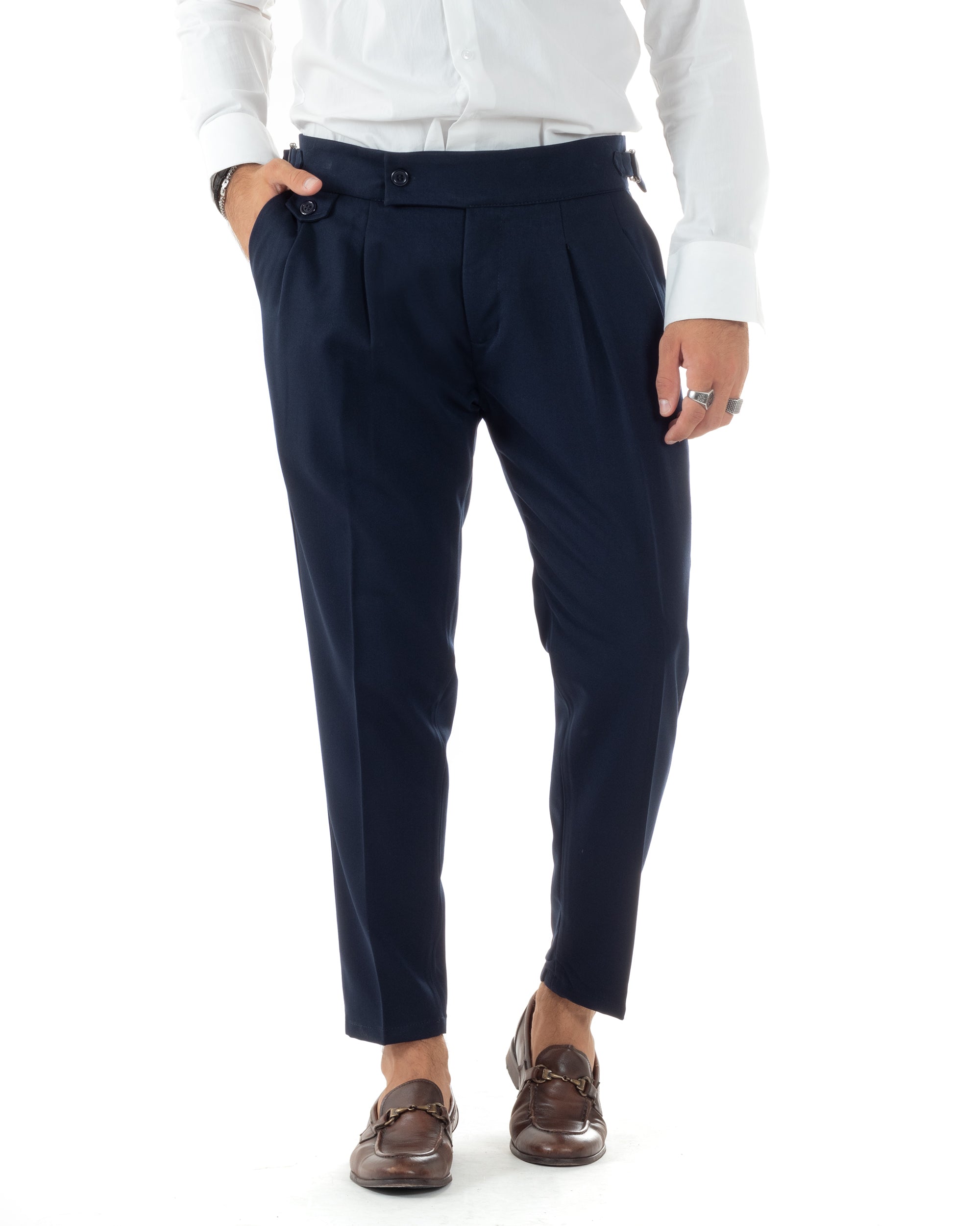 Pantaloni Uomo Classico Con Pinces Vita Alta Gurkha Pants Abbottonatura Allungata Fibbie Casual Blu GIOSAL-P6118A