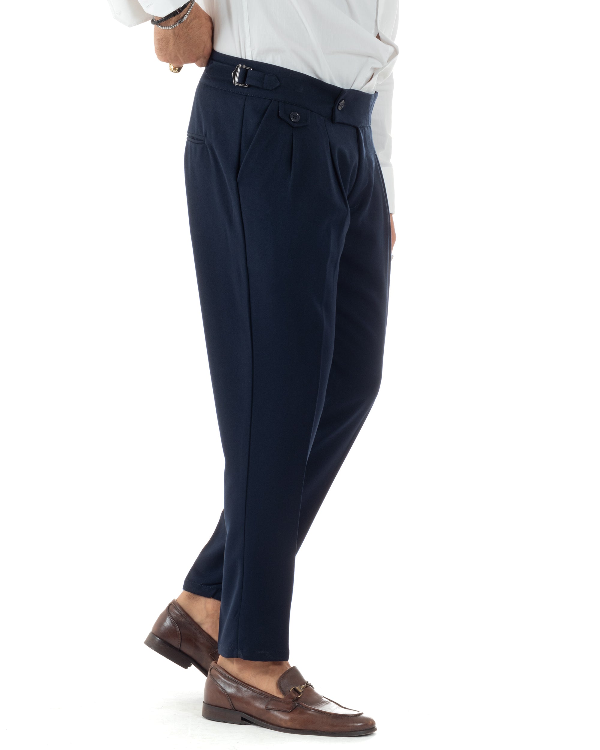 Pantaloni Uomo Classico Con Pinces Vita Alta Gurkha Pants Abbottonatura Allungata Fibbie Casual Blu GIOSAL-P6118A