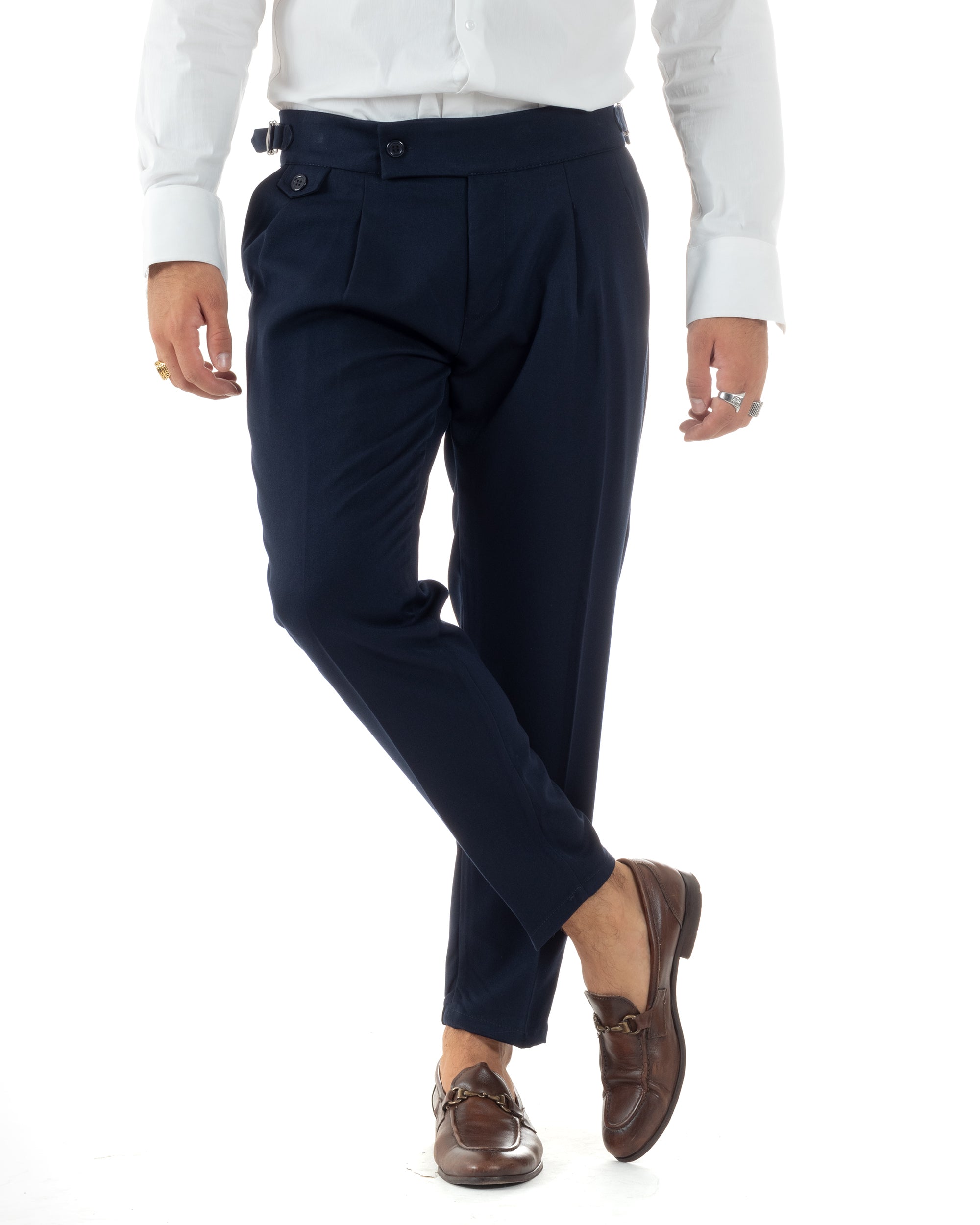 Pantaloni Uomo Classico Con Pinces Vita Alta Gurkha Pants Abbottonatura Allungata Fibbie Casual Blu GIOSAL-P6118A