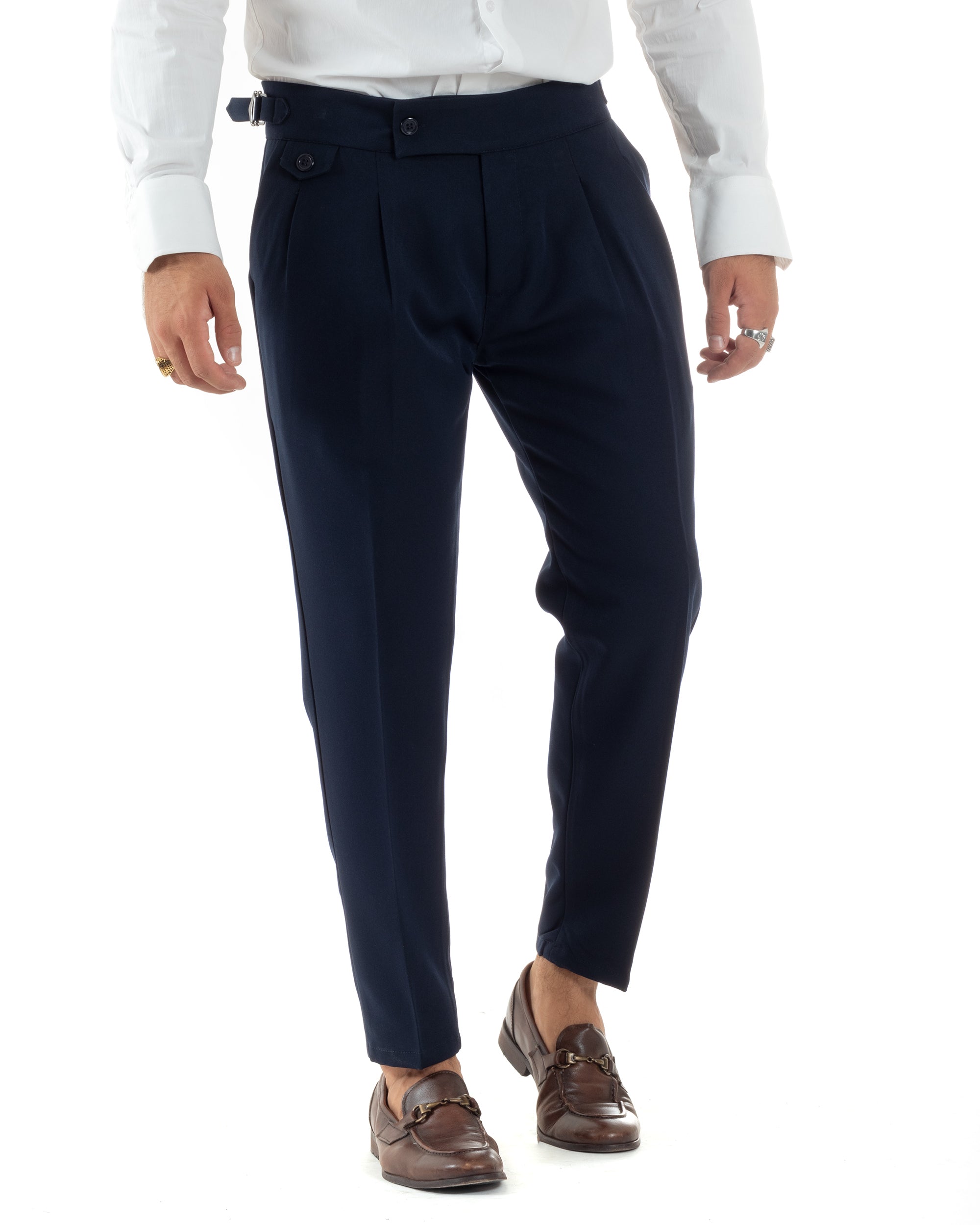 Pantaloni Uomo Classico Con Pinces Vita Alta Gurkha Pants Abbottonatura Allungata Fibbie Casual Blu GIOSAL-P6118A