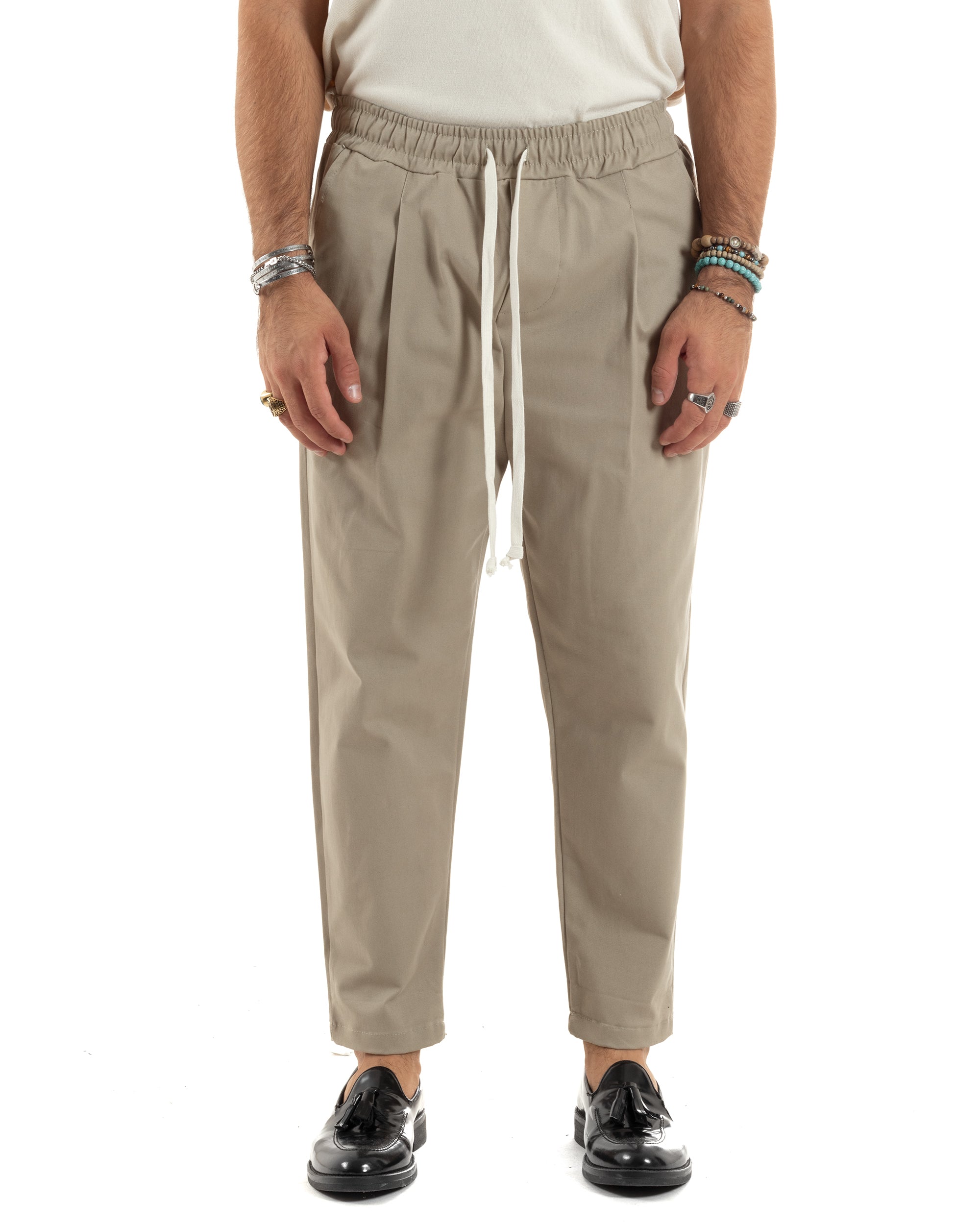 Pantaloni Uomo Con Coulisse Molla Pantalaccio Con Pinces Cotone Gabardina Regular Fit Beige GIOSAL-P6119A