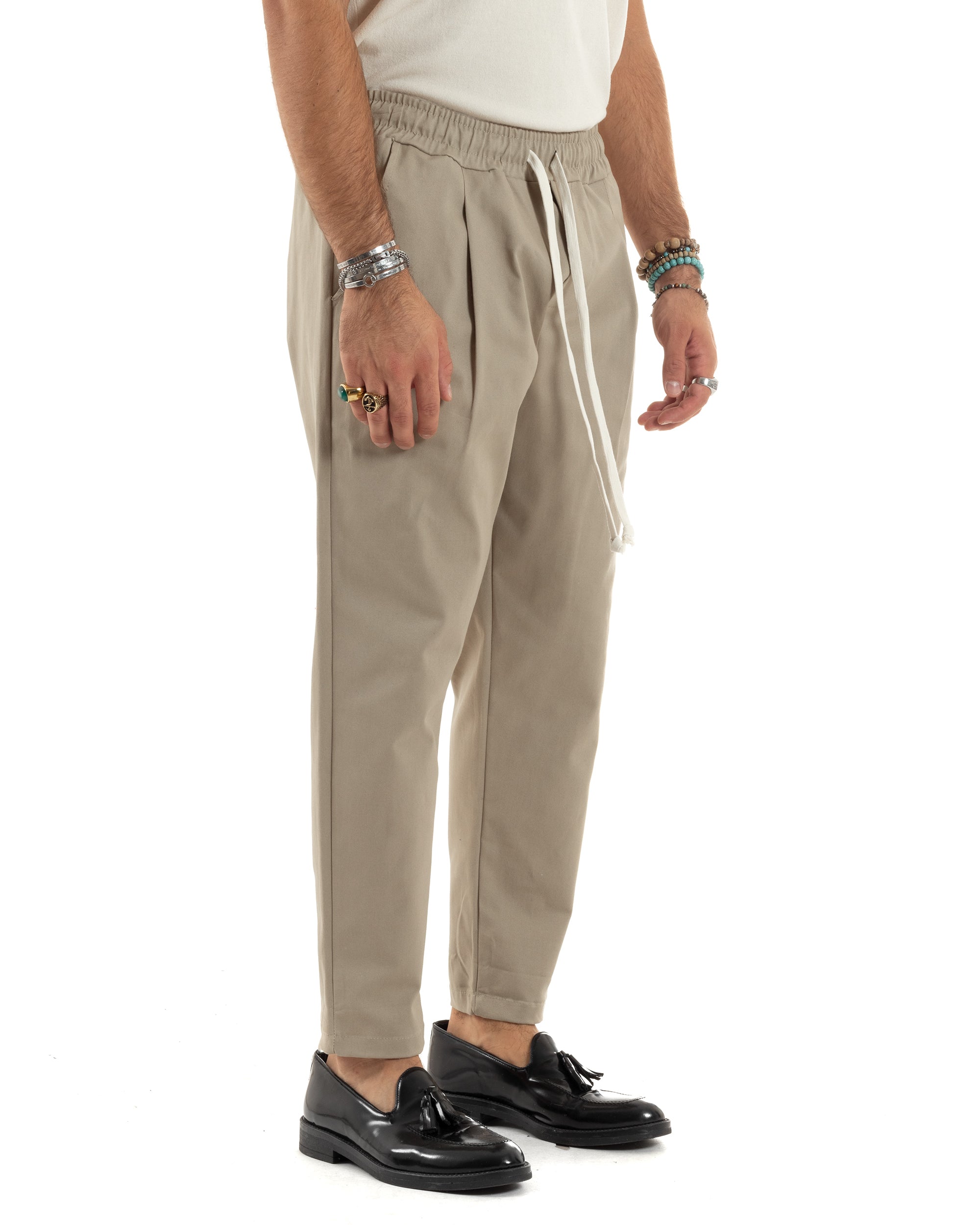 Pantaloni Uomo Con Coulisse Molla Pantalaccio Con Pinces Cotone Gabardina Regular Fit Beige GIOSAL-P6119A