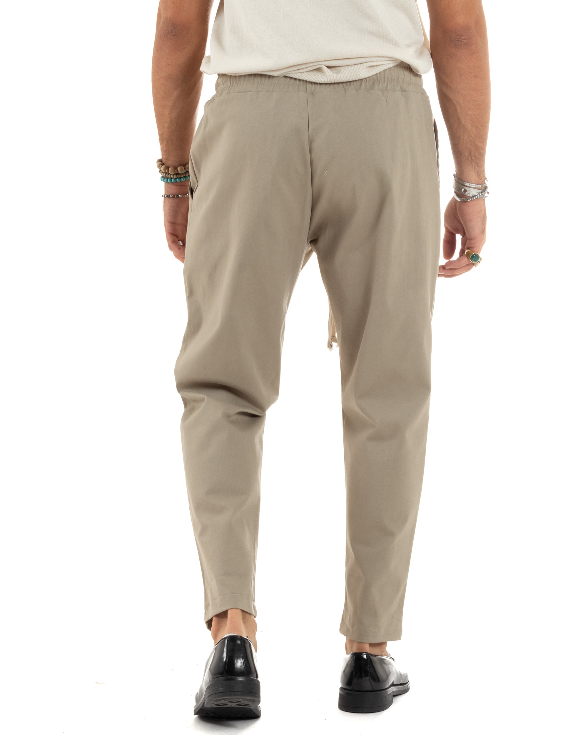 Pantaloni Uomo Con Coulisse Molla Pantalaccio Con Pinces Cotone Gabardina Regular Fit Beige GIOSAL-P6119A