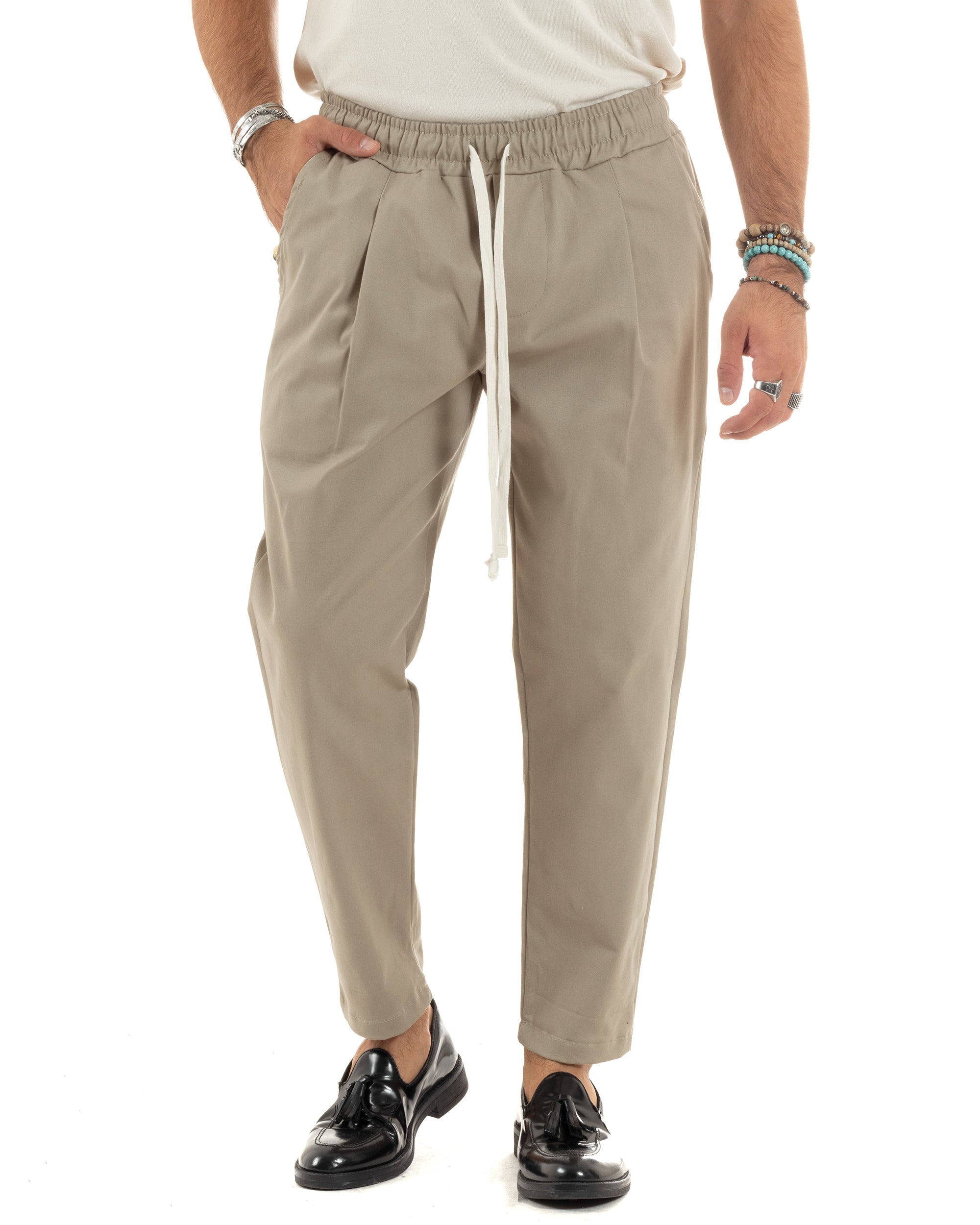 Pantaloni Uomo Con Coulisse Molla Pantalaccio Con Pinces Cotone Gabardina Regular Fit Beige GIOSAL-P6119A