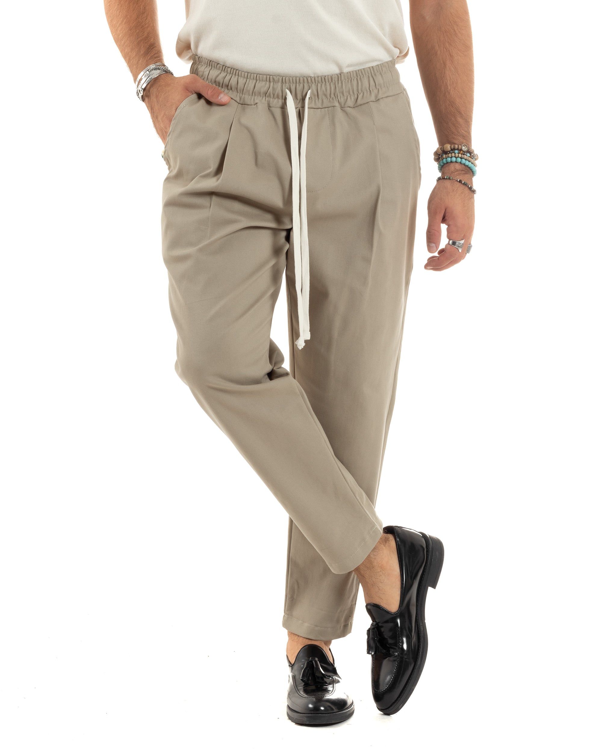 Pantaloni Uomo Con Coulisse Molla Pantalaccio Con Pinces Cotone Gabardina Regular Fit Beige GIOSAL-P6119A