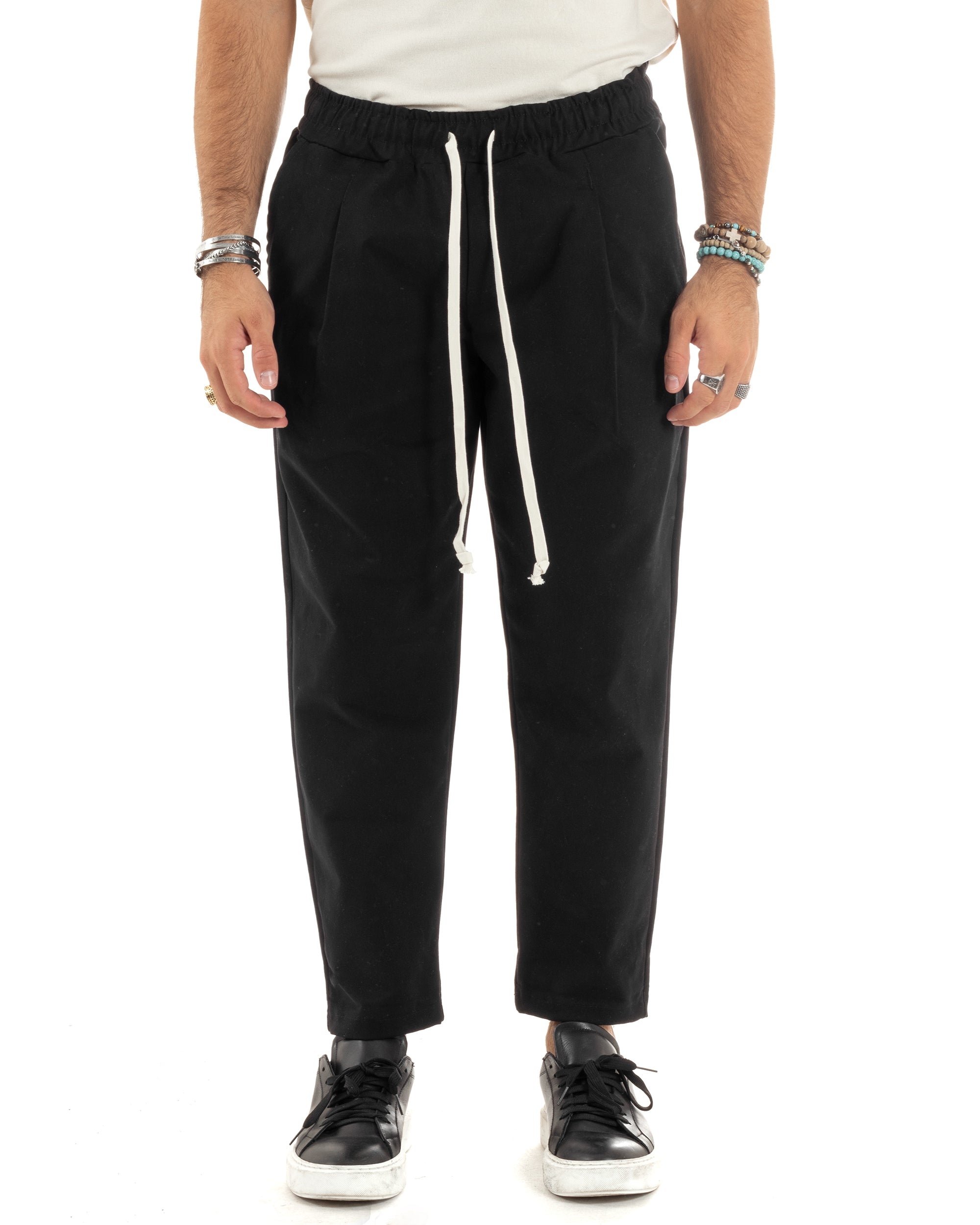 Pantaloni Uomo Con Coulisse Molla Pantalaccio Con Pinces Cotone Gabardina Regular Fit Nero GIOSAL-P6120A