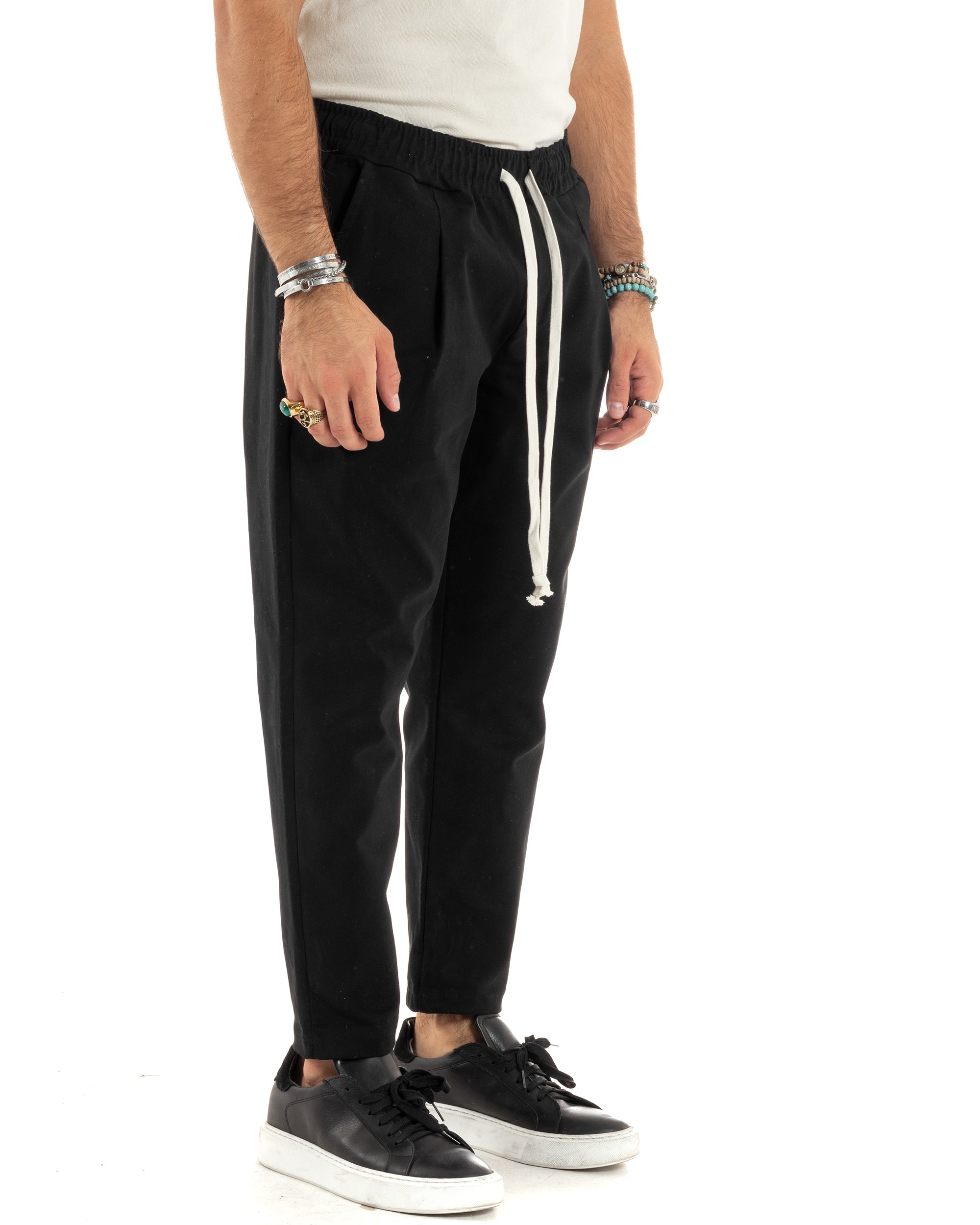 Pantaloni Uomo Con Coulisse Molla Pantalaccio Con Pinces Cotone Gabardina Regular Fit Nero GIOSAL-P6120A