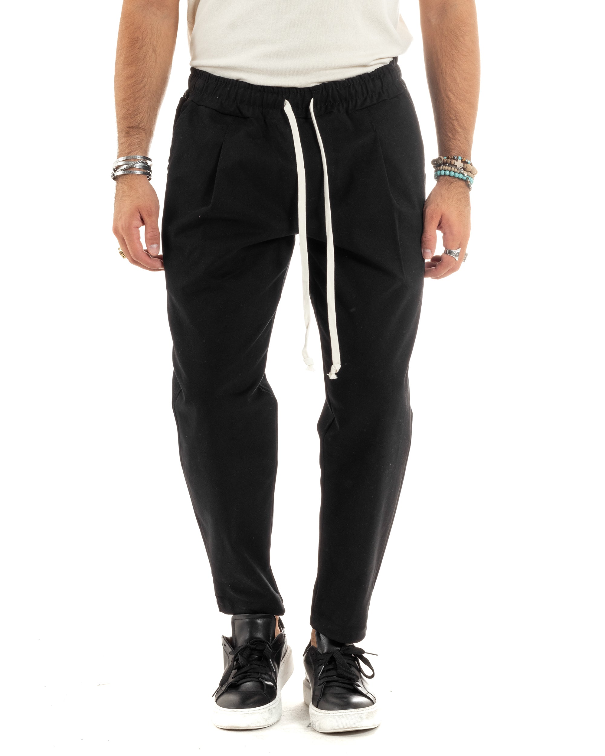 Pantaloni Uomo Con Coulisse Molla Pantalaccio Con Pinces Cotone Gabardina Regular Fit Nero GIOSAL-P6120A