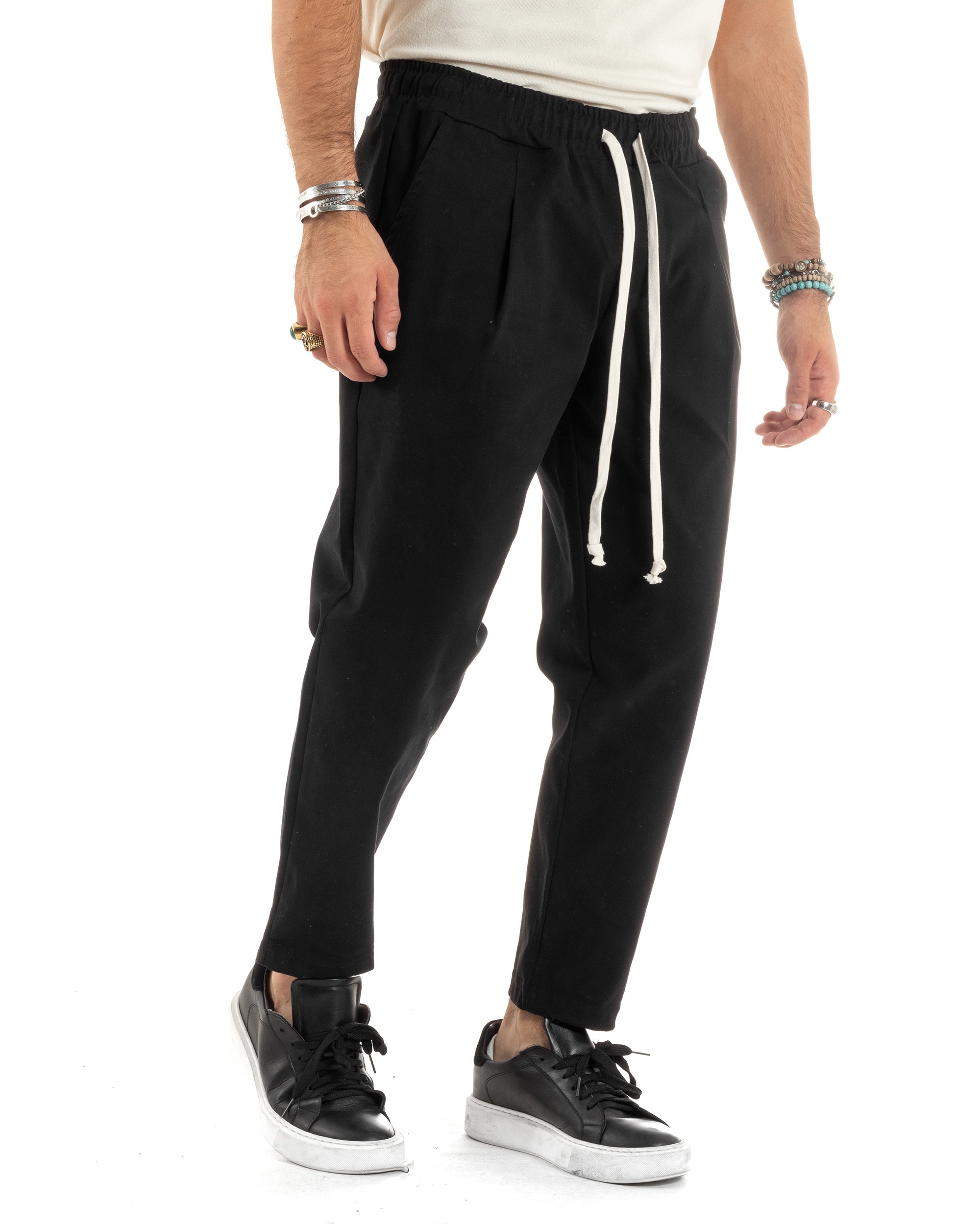 Pantaloni Uomo Con Coulisse Molla Pantalaccio Con Pinces Cotone Gabardina Regular Fit Nero GIOSAL-P6120A