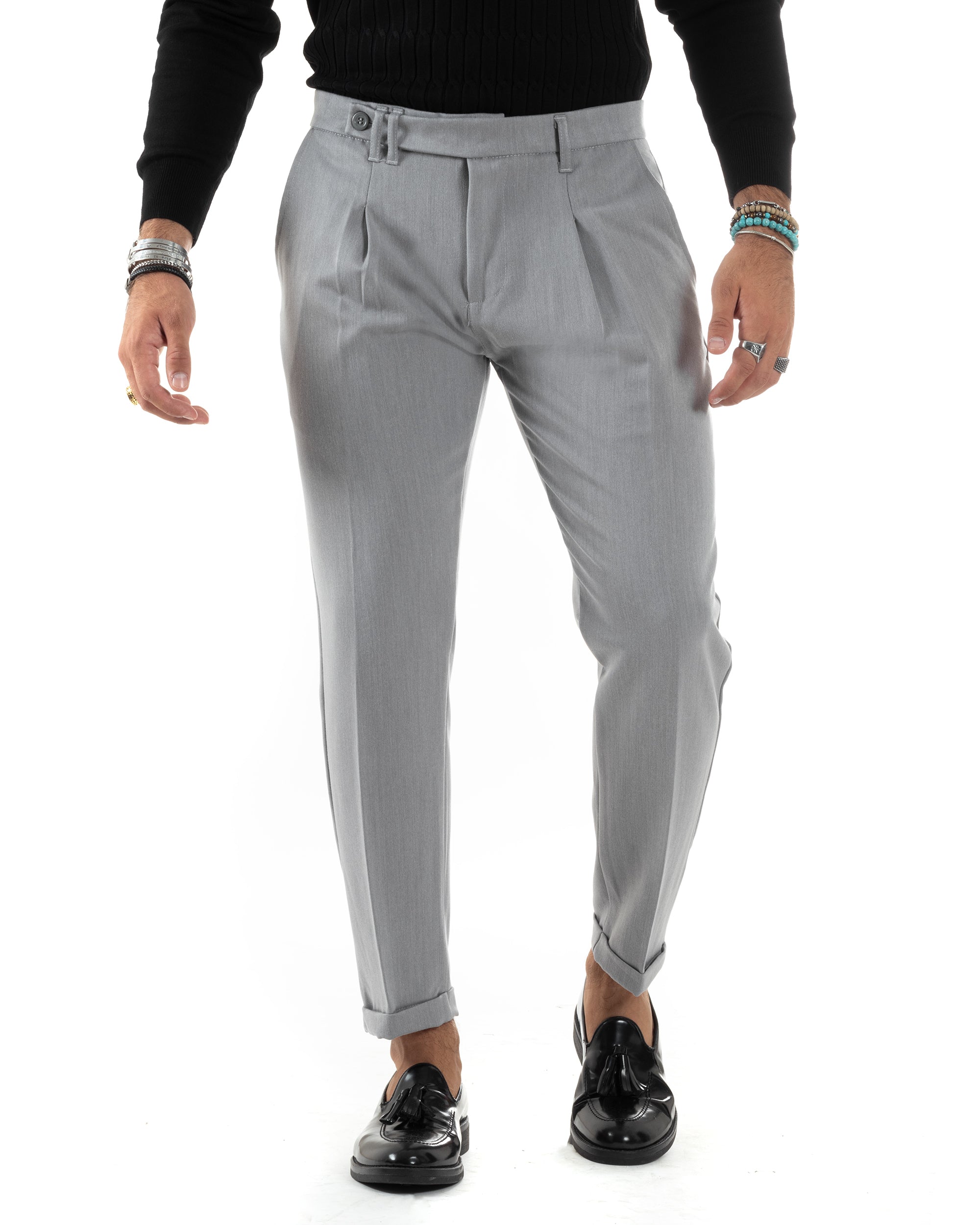 Pantaloni Uomo Classico Con Pinces Sartoriale Elegante Casual Abbottonatura Allungata Grigio GIOSAL-P6121A