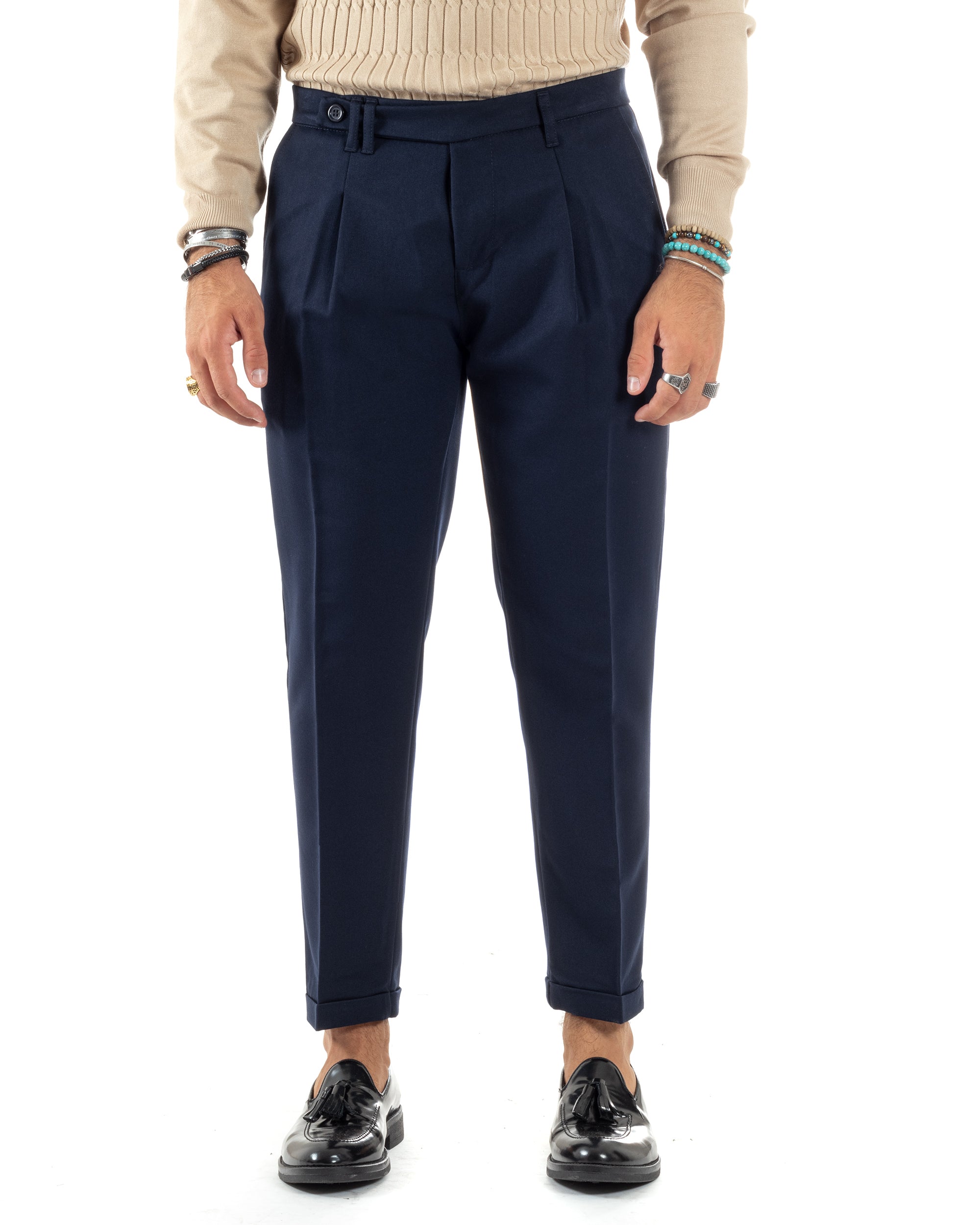 Pantaloni Uomo Classico Con Pinces Sartoriale Elegante Casual Abbottonatura Allungata Blu GIOSAL-P6122A