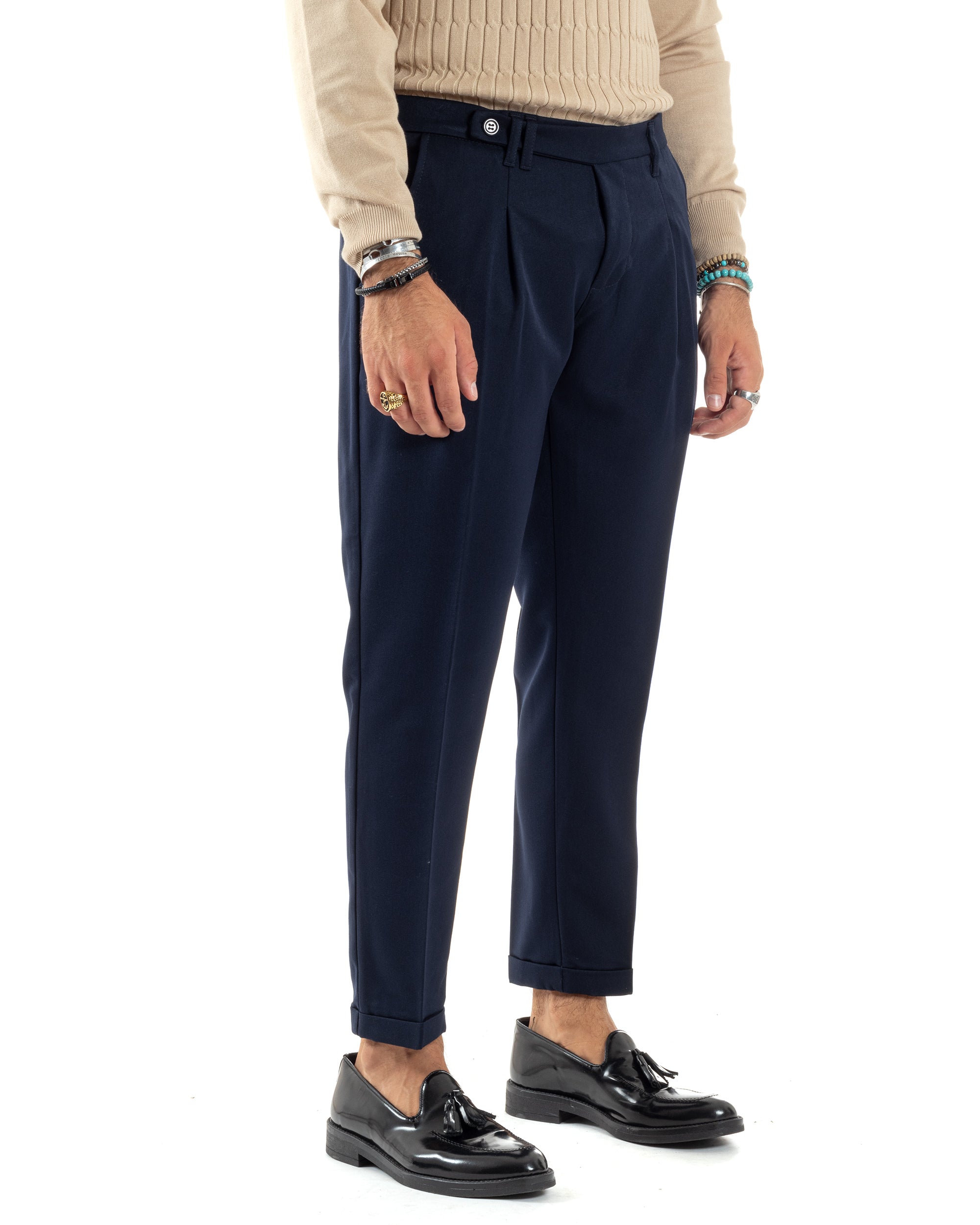 Pantaloni Uomo Classico Con Pinces Sartoriale Elegante Casual Abbottonatura Allungata Blu GIOSAL-P6122A