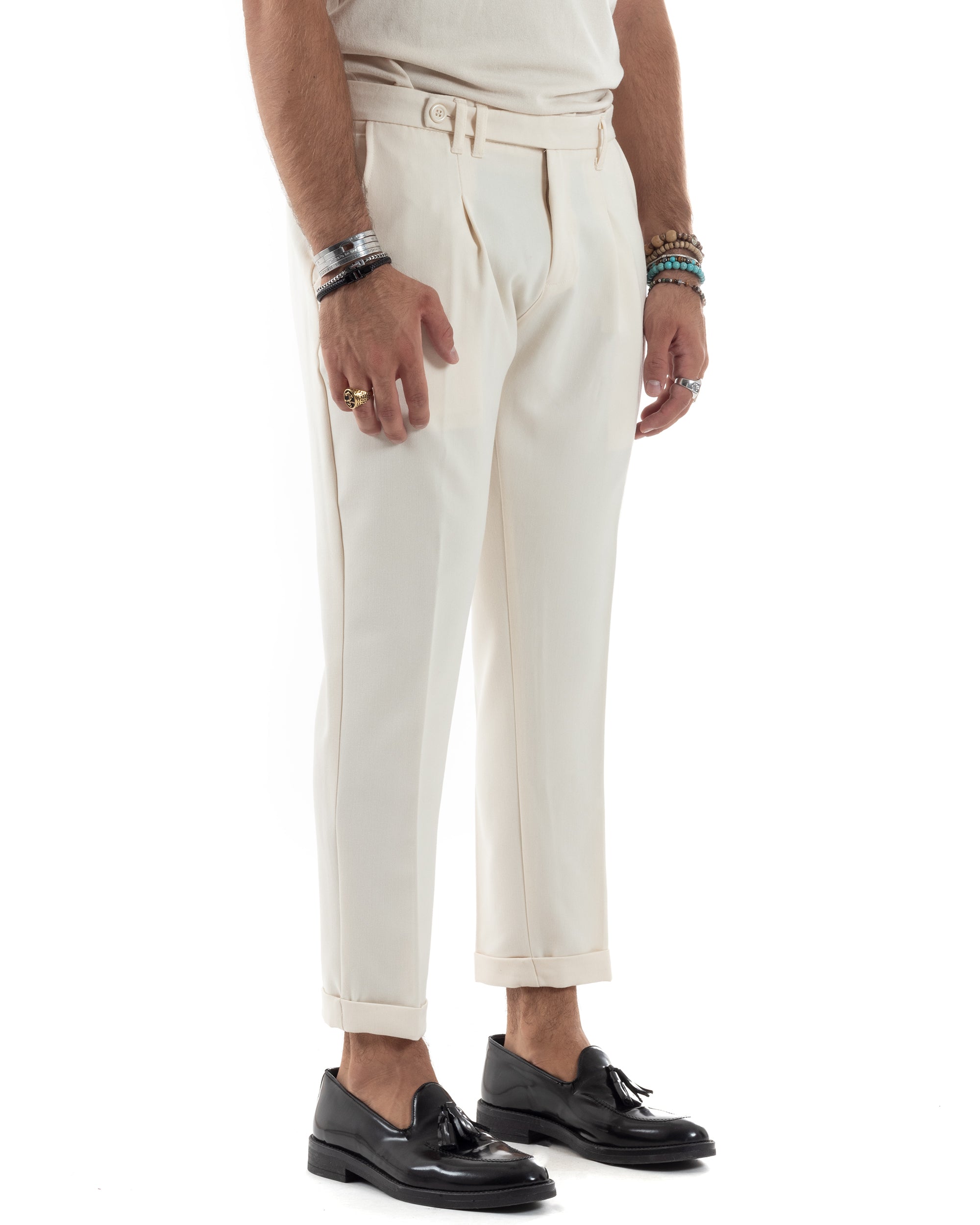 Pantaloni Uomo Classico Con Pinces Sartoriale Elegante Casual Abbottonatura Allungata Panna GIOSAL-P6123A