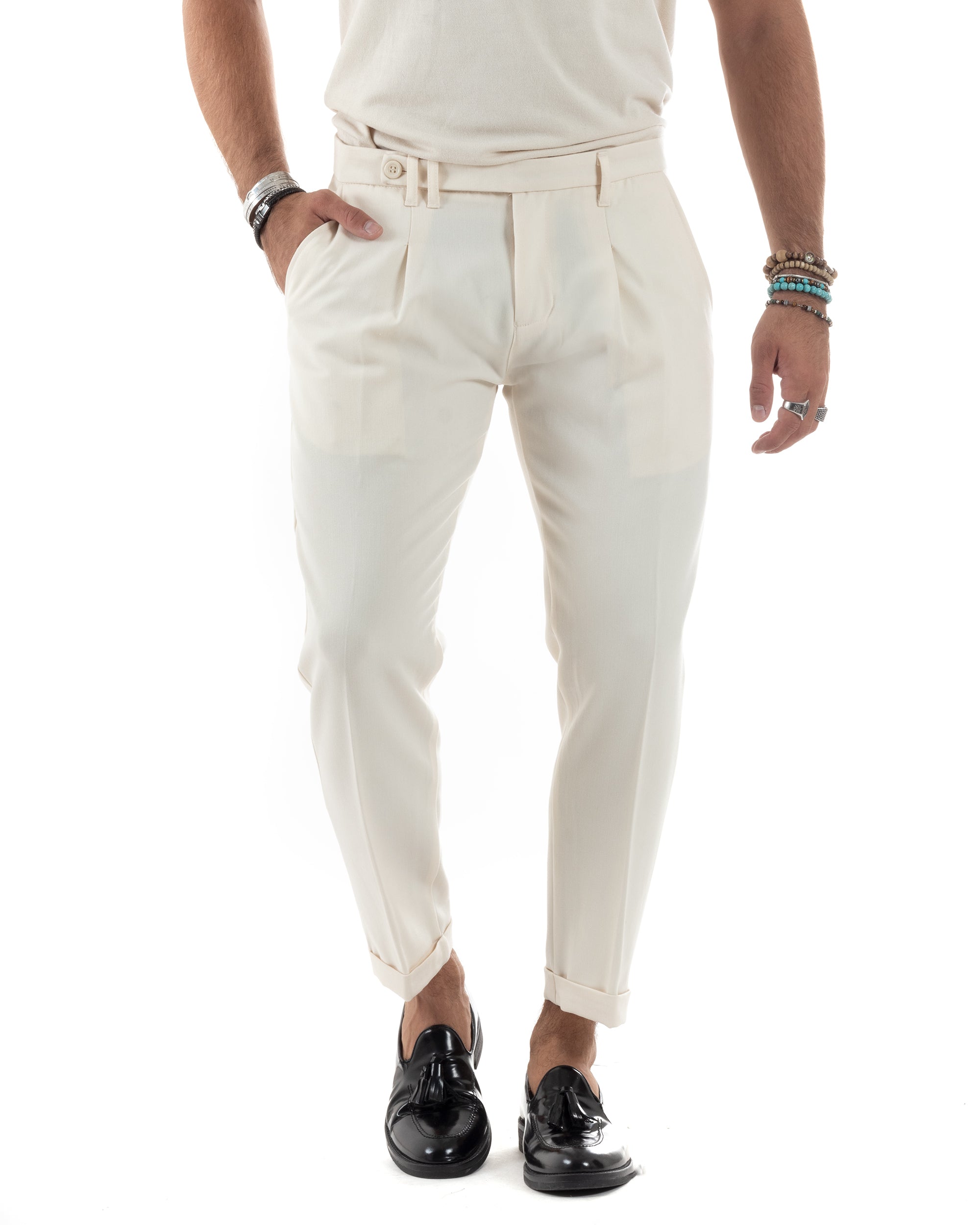 Pantaloni Uomo Classico Con Pinces Sartoriale Elegante Casual Abbottonatura Allungata Panna GIOSAL-P6123A