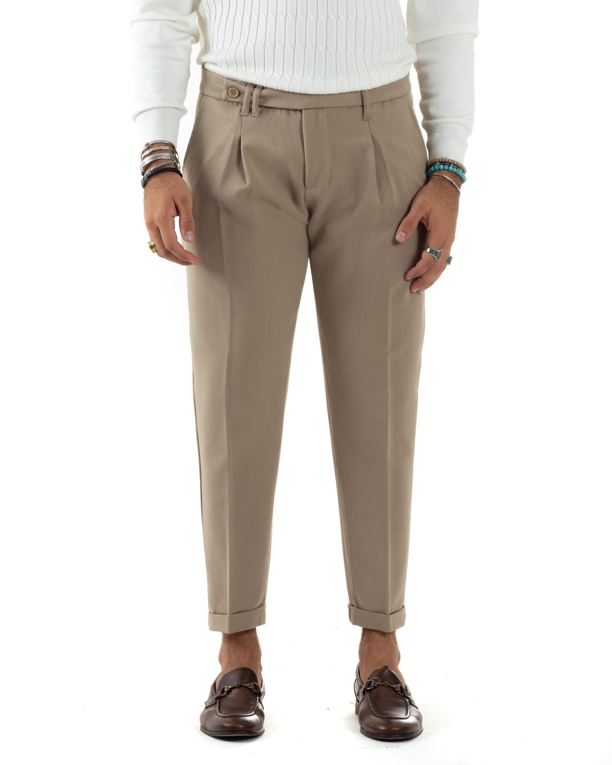 Pantaloni Uomo Classico Con Pinces Sartoriale Elegante Casual Abbottonatura Allungata Beige GIOSAL-P6125A