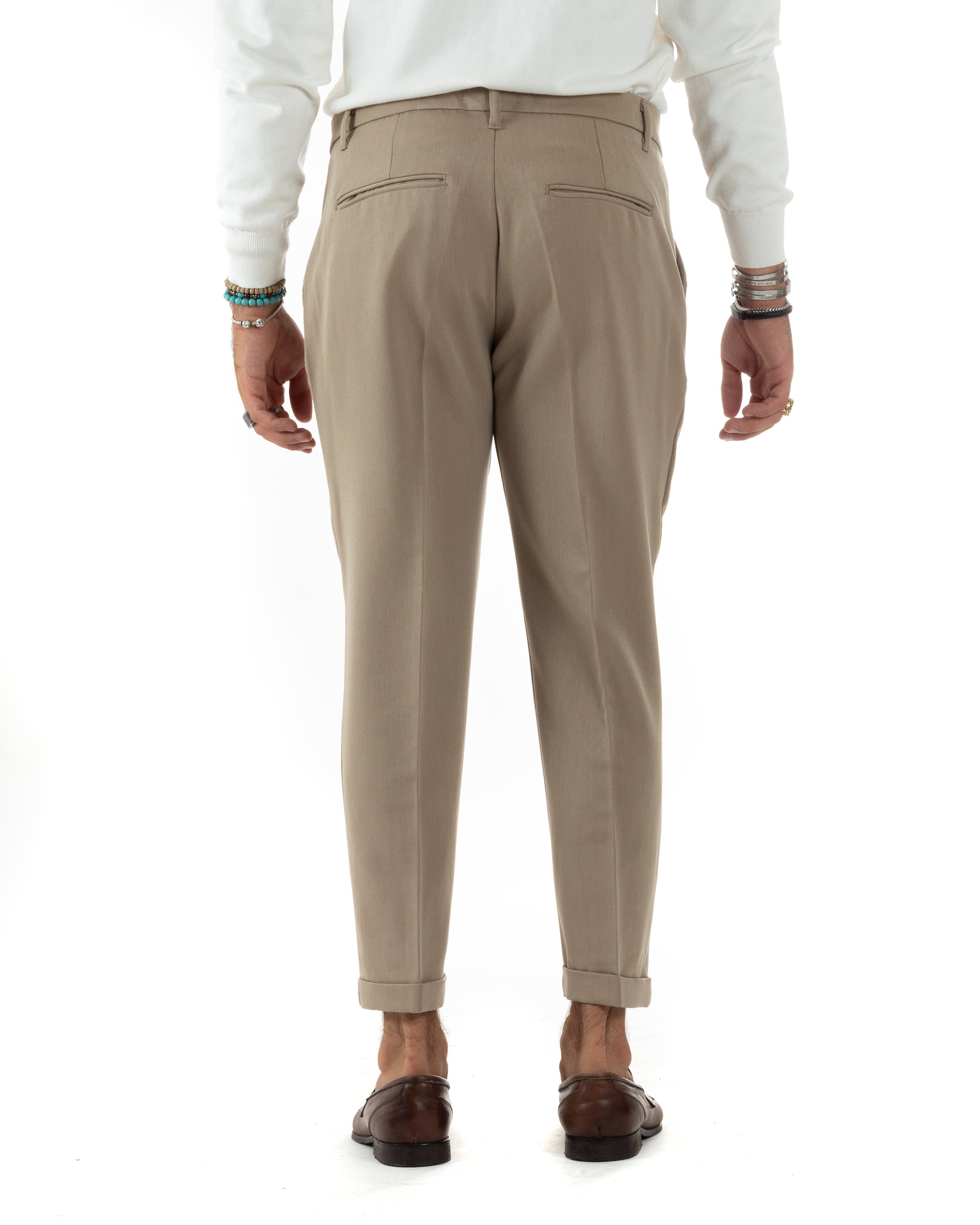 Pantaloni Uomo Classico Con Pinces Sartoriale Elegante Casual Abbottonatura Allungata Beige GIOSAL-P6125A