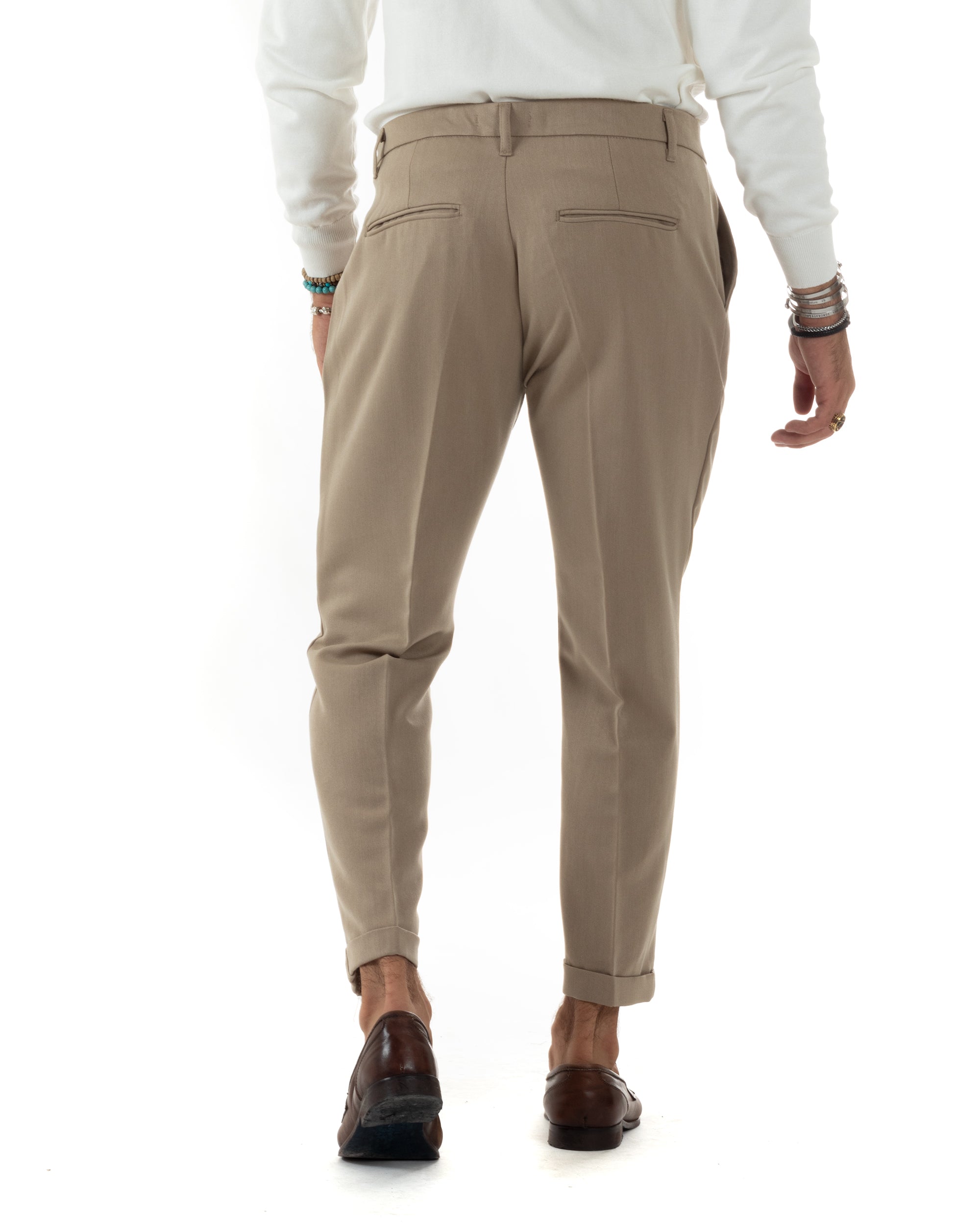 Pantaloni Uomo Classico Con Pinces Sartoriale Elegante Casual Abbottonatura Allungata Beige GIOSAL-P6125A