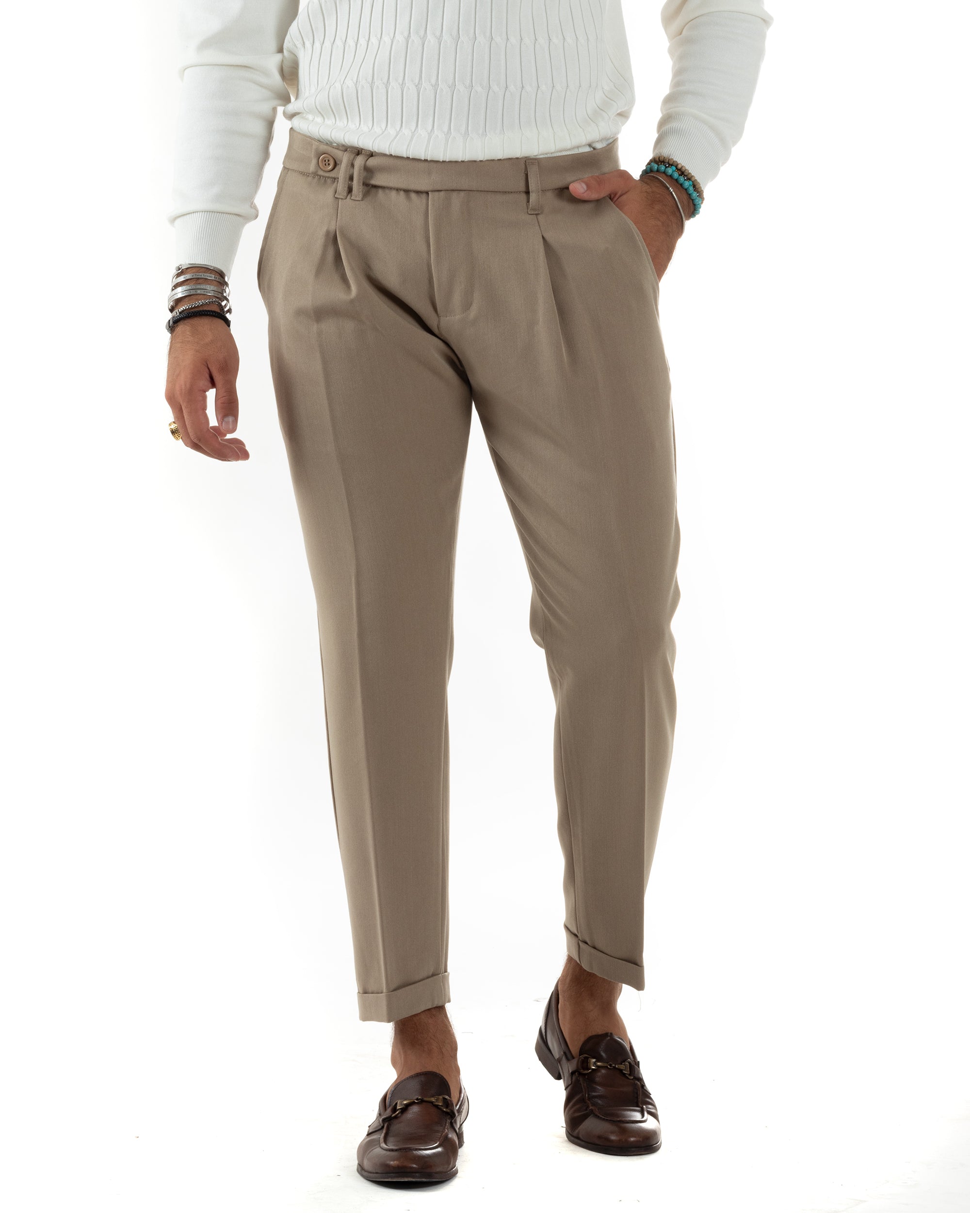 Pantaloni Uomo Classico Con Pinces Sartoriale Elegante Casual Abbottonatura Allungata Beige GIOSAL-P6125A