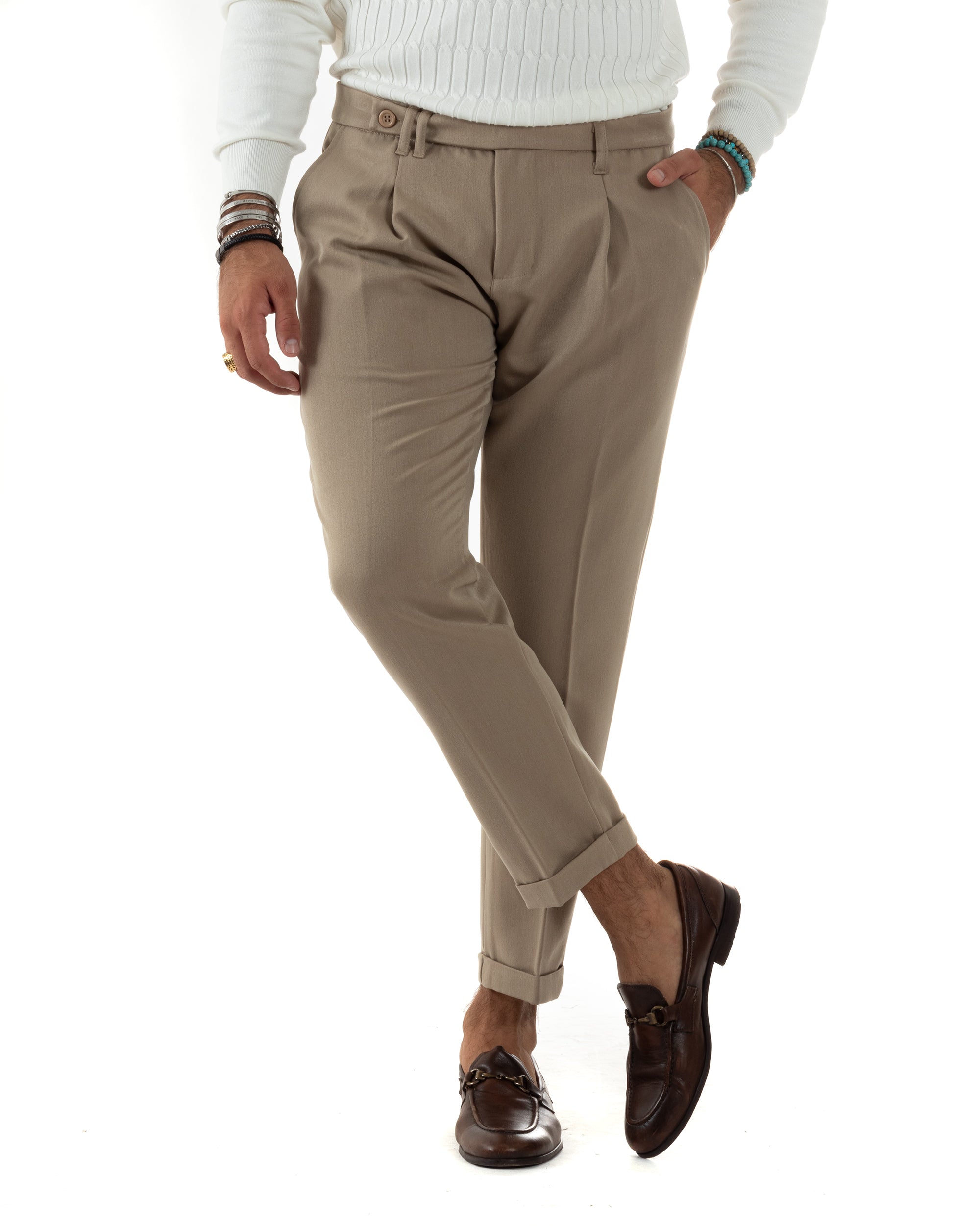 Pantaloni Uomo Classico Con Pinces Sartoriale Elegante Casual Abbottonatura Allungata Beige GIOSAL-P6125A