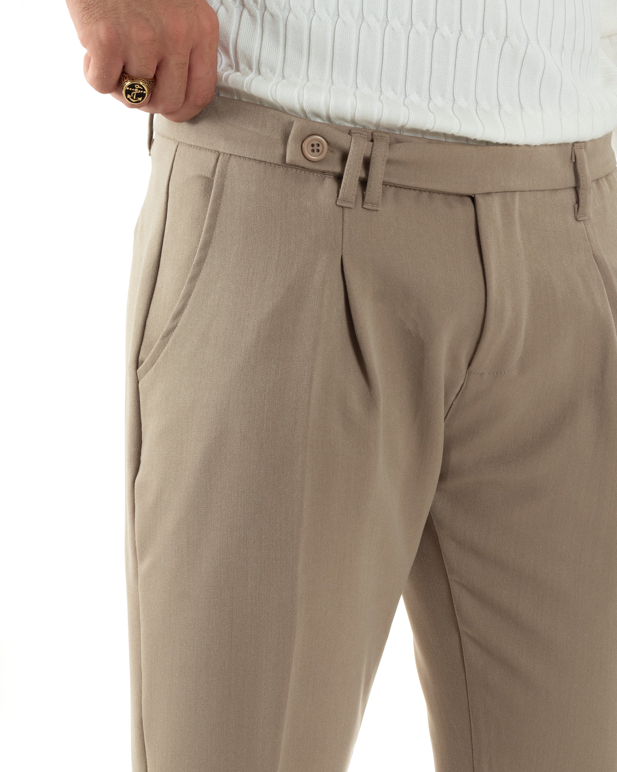 Pantaloni Uomo Classico Con Pinces Sartoriale Elegante Casual Abbottonatura Allungata Beige GIOSAL-P6125A