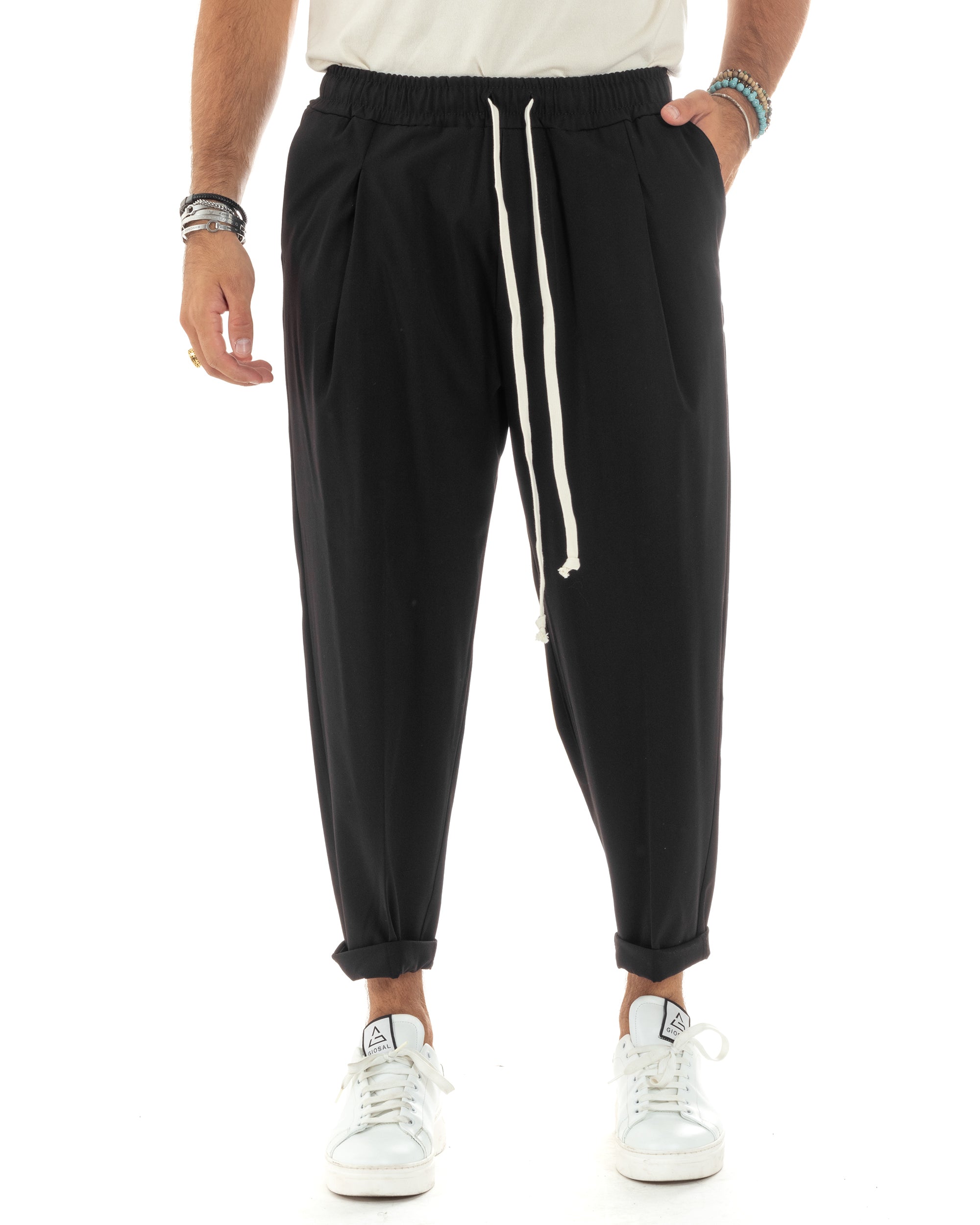 Pantaloni Uomo Con Coulisse Pantalaccio Con Pinces Morbido Viscosa Regular Fit Nero GIOSAL-P6126A