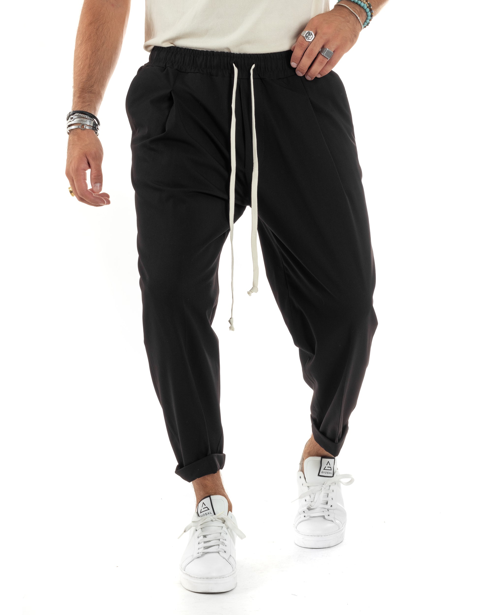 Pantaloni Uomo Con Coulisse Pantalaccio Con Pinces Morbido Viscosa Regular Fit Nero GIOSAL-P6126A