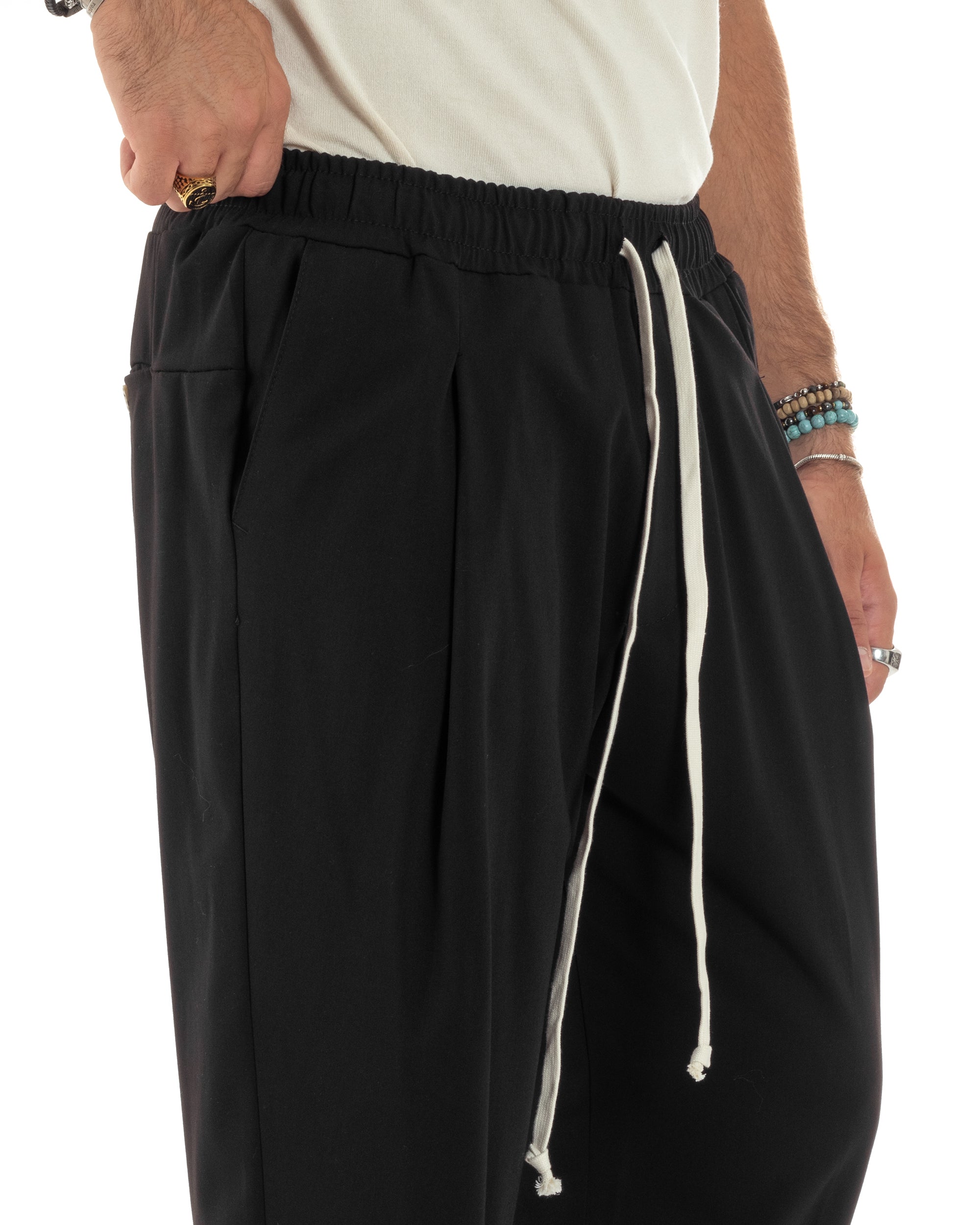 Pantaloni Uomo Con Coulisse Pantalaccio Con Pinces Morbido Viscosa Regular Fit Nero GIOSAL-P6126A