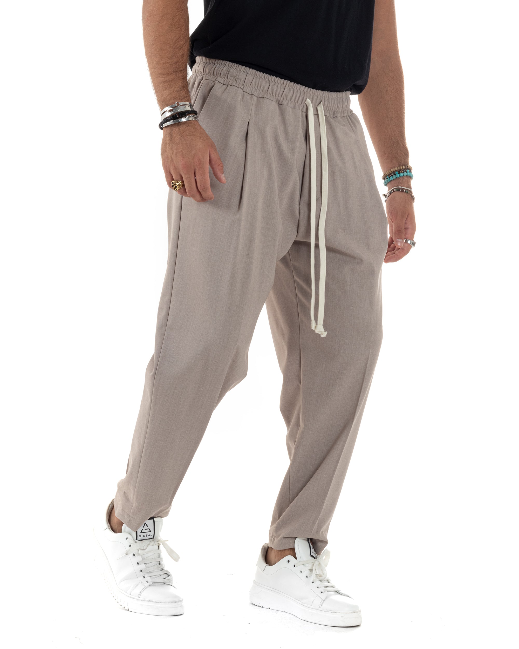 Pantaloni Uomo Con Coulisse Pantalaccio Con Pinces Morbido Viscosa Regular Fit Beige GIOSAL-P6128A